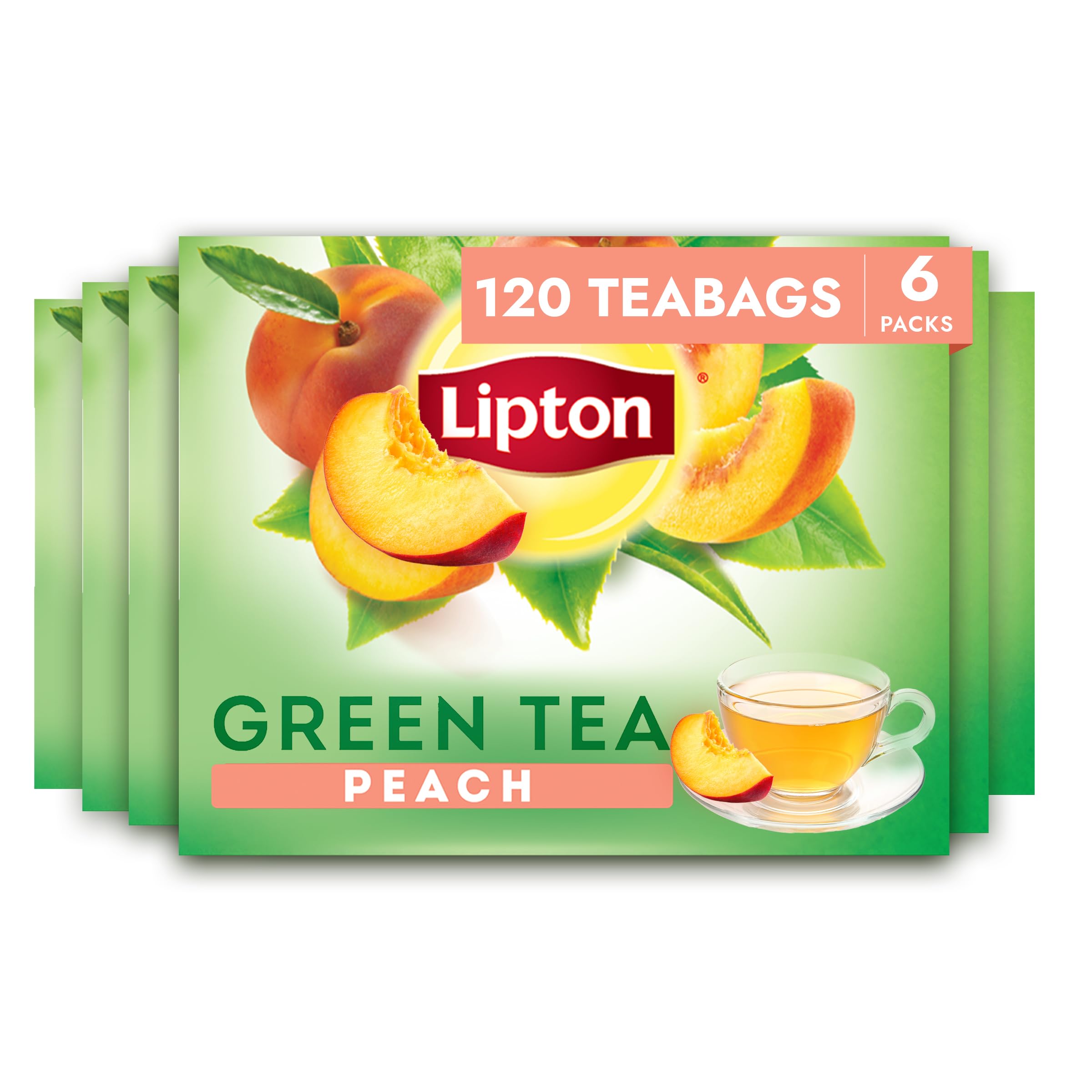 Lipton Peach Green Tea Bags, Flavored, Unsweetened Teabags for Hot Tea or Peach Iced Tea with Caffeine and Flavonoids, 120 Total Tea Bags (20ct - Pack of 6)