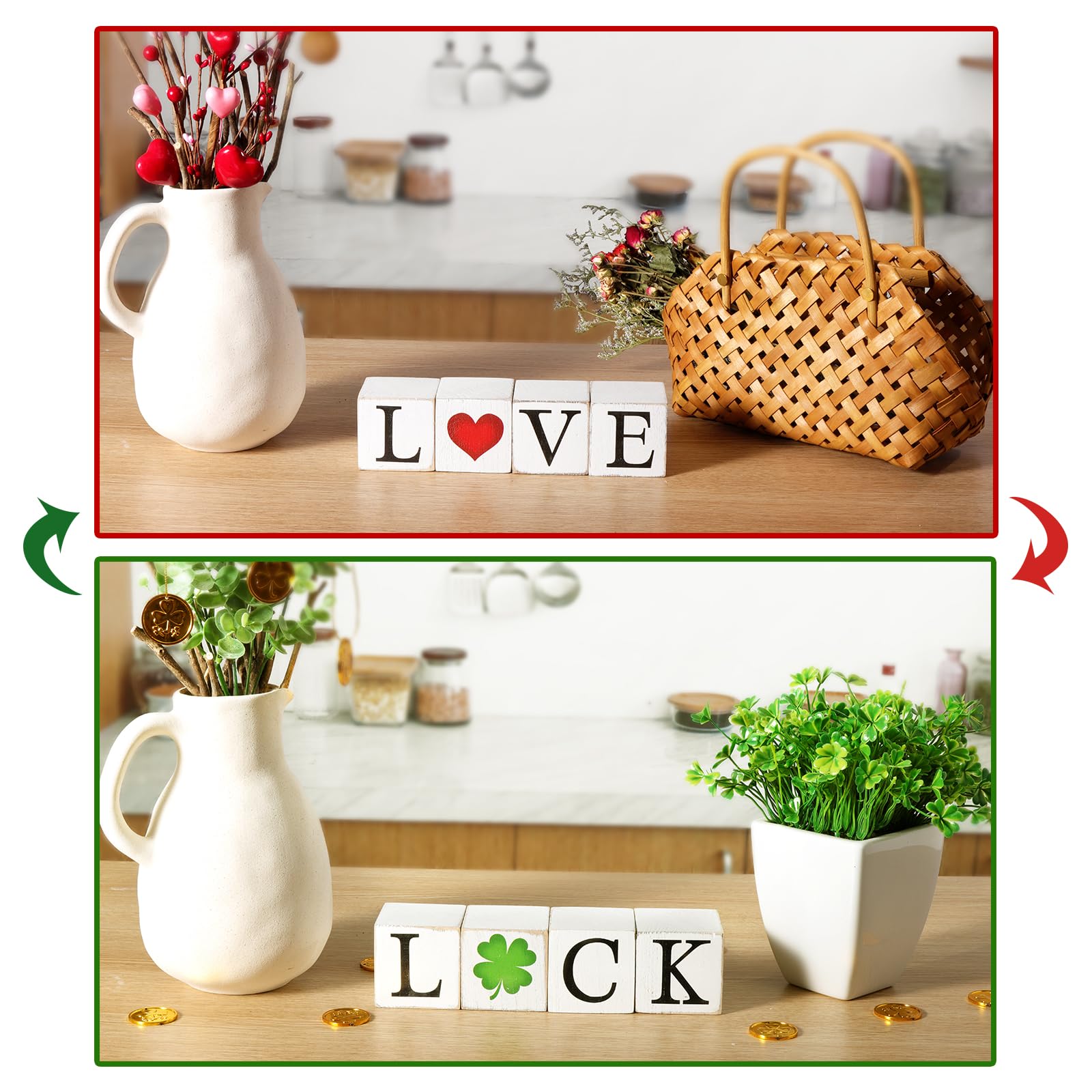 Pawliss Valentines/St. Patrick’s Day Decor, 4Pcs LOVE Valentines Day Decor Wooden Signs, Farmhouse Valentines Day Home Decor, Valentine's Day/St. Patrick’s Day Decorations for the Home Table Decor Valentines Day Gifts