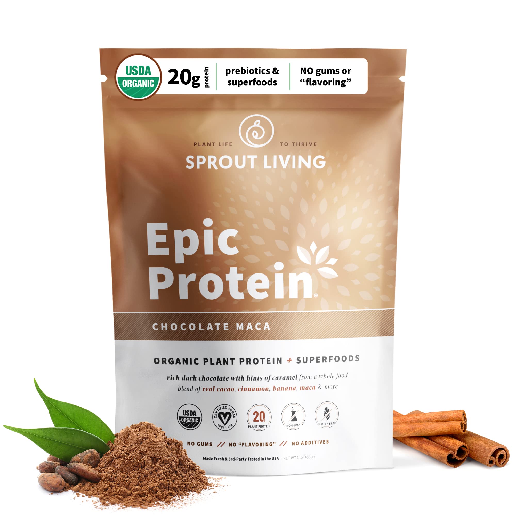 Sprout Living Epic Protein, Plant Based Protein & Superfoods Powder, Chocolate Maca Powder | 20 Grams Organic Protein Powder, Vegan, Non Dairy, Non-GMO, Gluten Free, Low Sugar (1 Pound, 12 Servings)