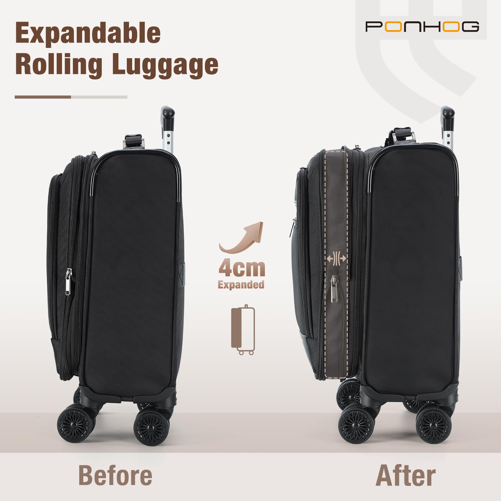 Ponhog Underseat Carry on Luggage With Wheels - 18 Inch Softside Expandable Under Seat Suitcase, Airline Approved Personal Item Bag for Men Women, Black