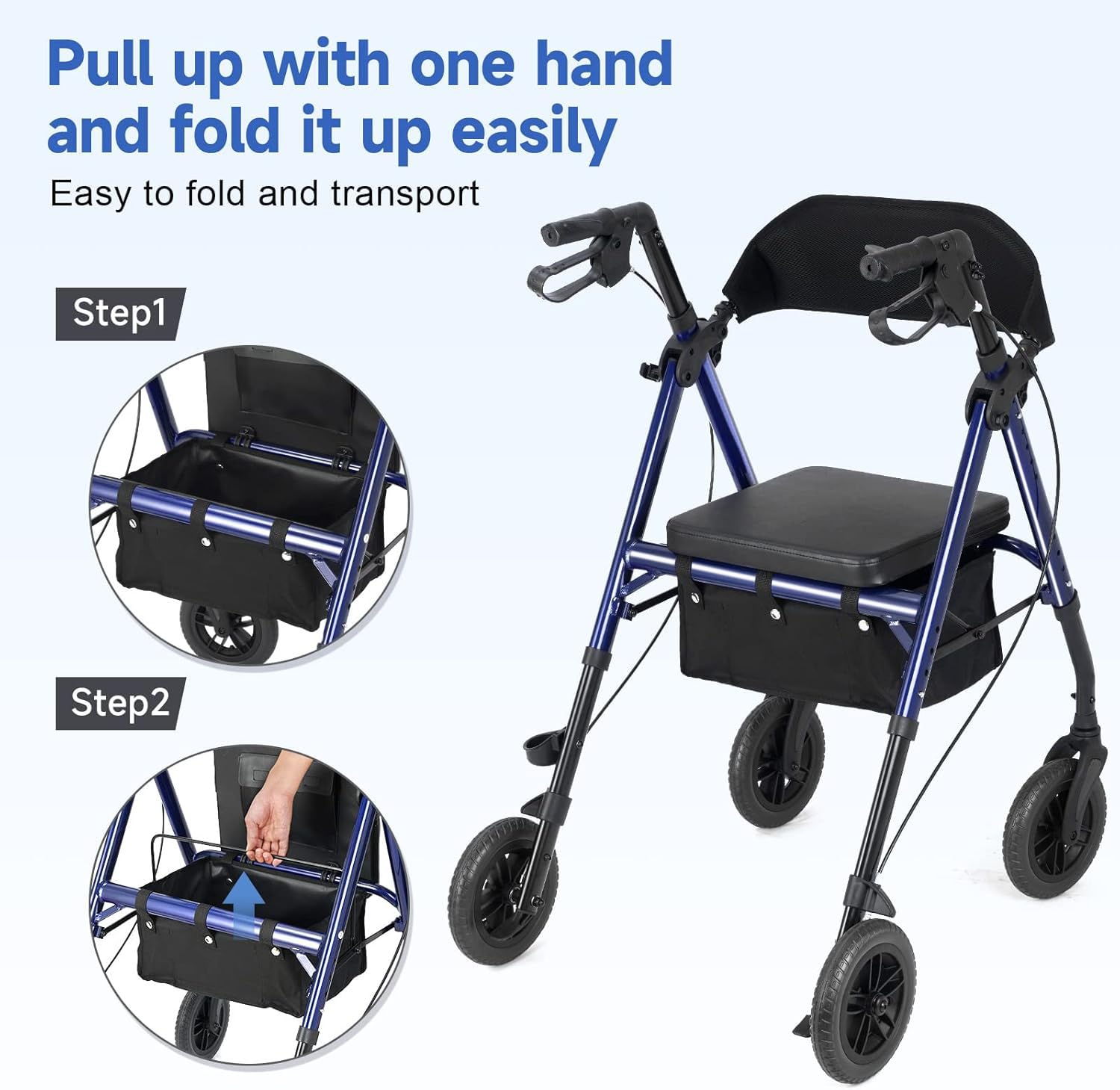 Lightweight Rollator Walker with Seat & Backrest - Foldable Mobility Aid for Seniors, 8" Large Airless Tires, Adjustable Height, Brake,Storage Bag,300 lbs Capacity, 4 Wheel Rolling Walkers for Adults