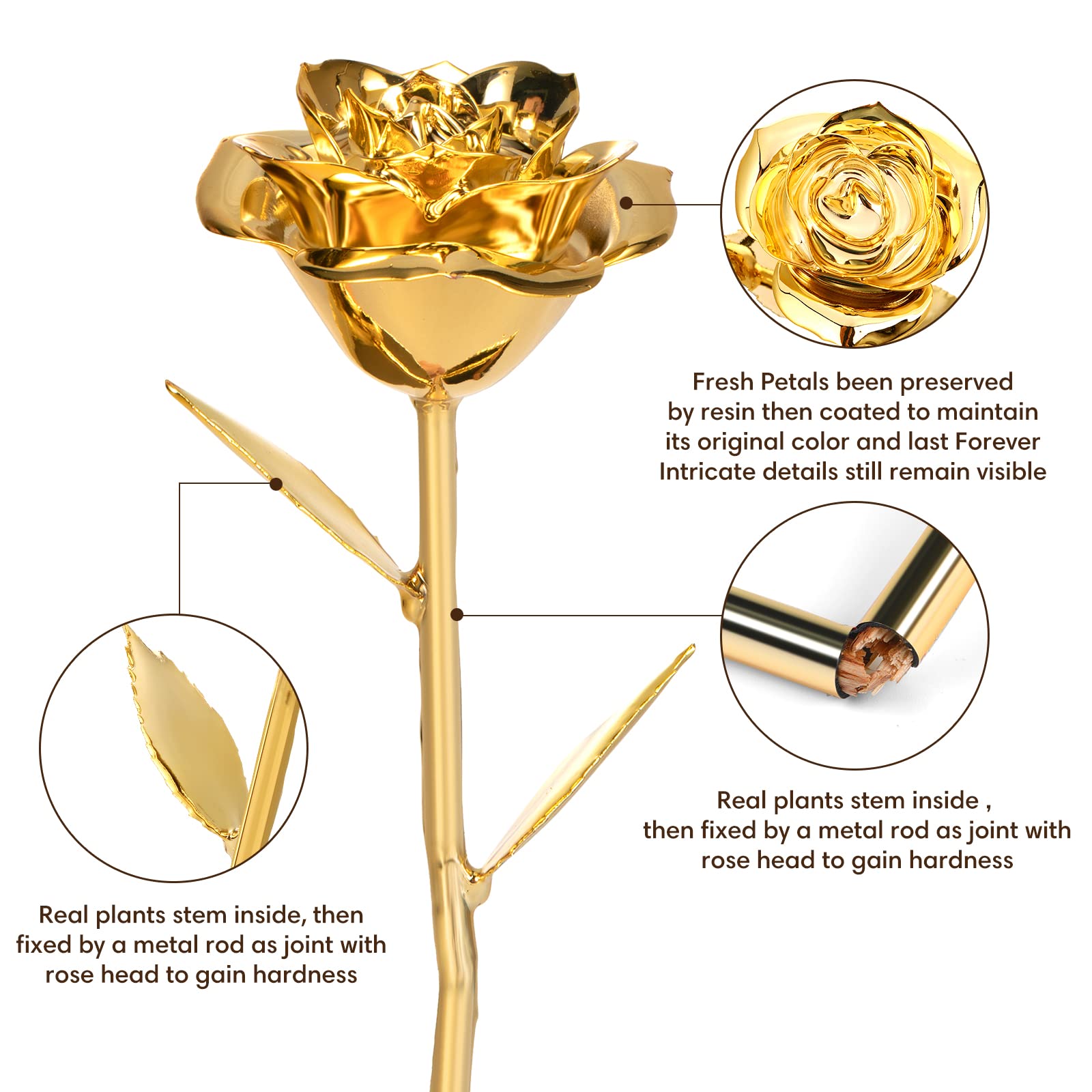 Anthonic Gold Dipped Rose Real 24K Gold Rose, Genuine One of a Kind Rose Hand Dipped in 24K Golden Roses Romantic Gifts for Women in Her Birthday Anniversary Valentines Day Mothers Day