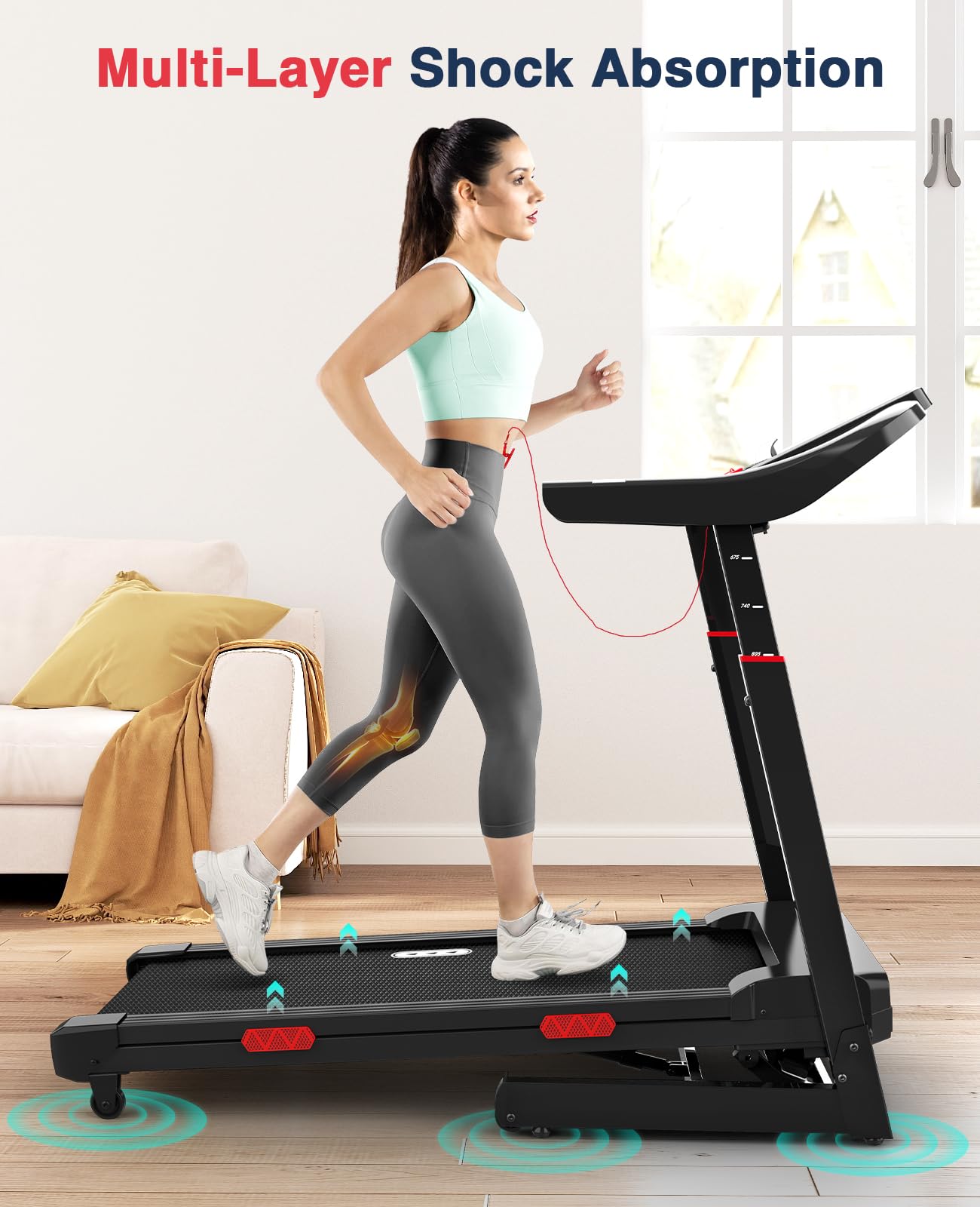Redliro Treadmill with 15% Auto Incline - 350 lbs Capacity Foldable Running 3.0HP Treadmill for Home - Adjustable Handrail Height - APP & Voice Control - Bluetooth Speaker (Glossy Black)