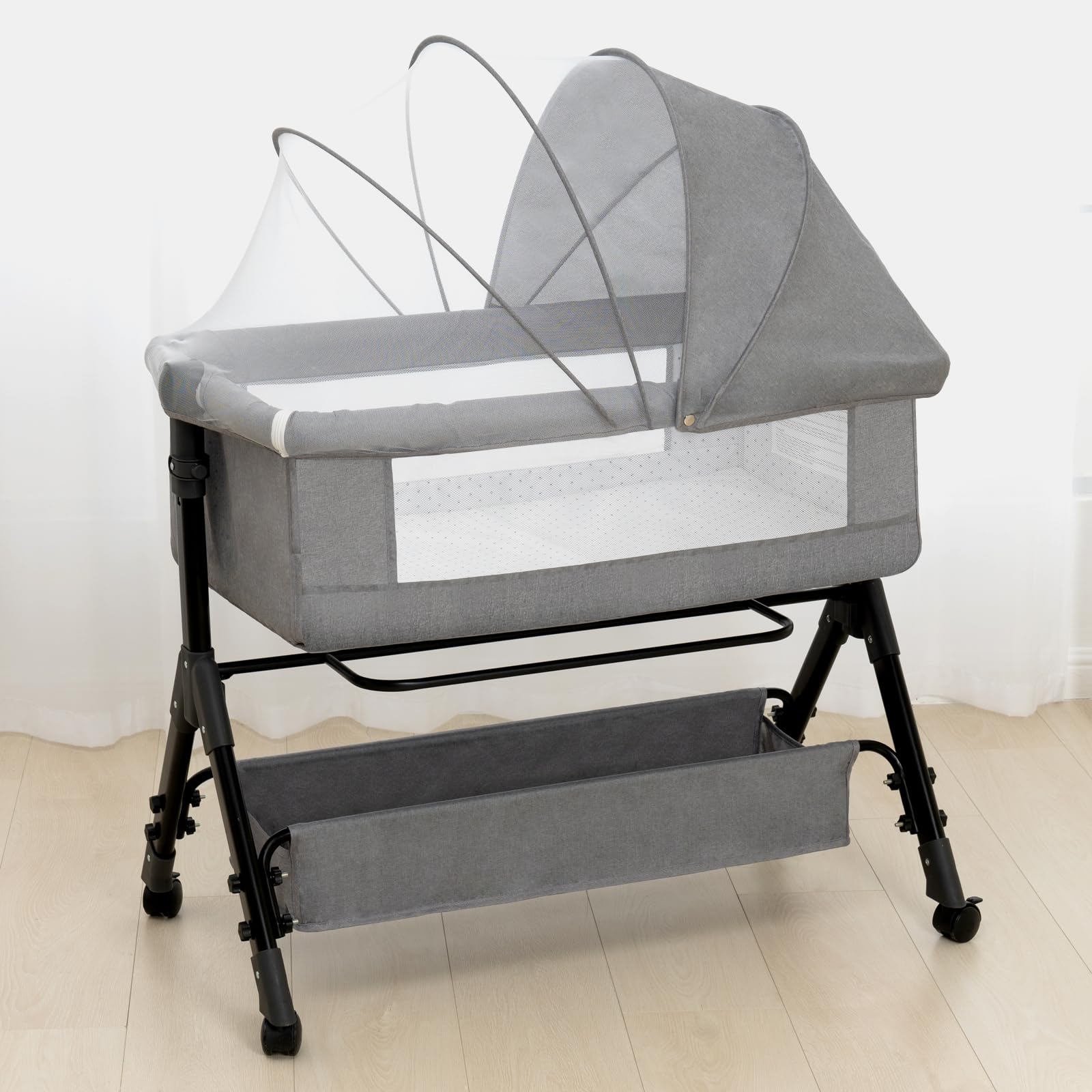 3 in 1 Baby Bassinet Bedside Sleeper, Bedside Crib for Baby, Adjustable Baby Bassinet with Wheels, Storage Basket, Mattress, Easy Assemble & Folding Portable Baby Cradle (Grey)