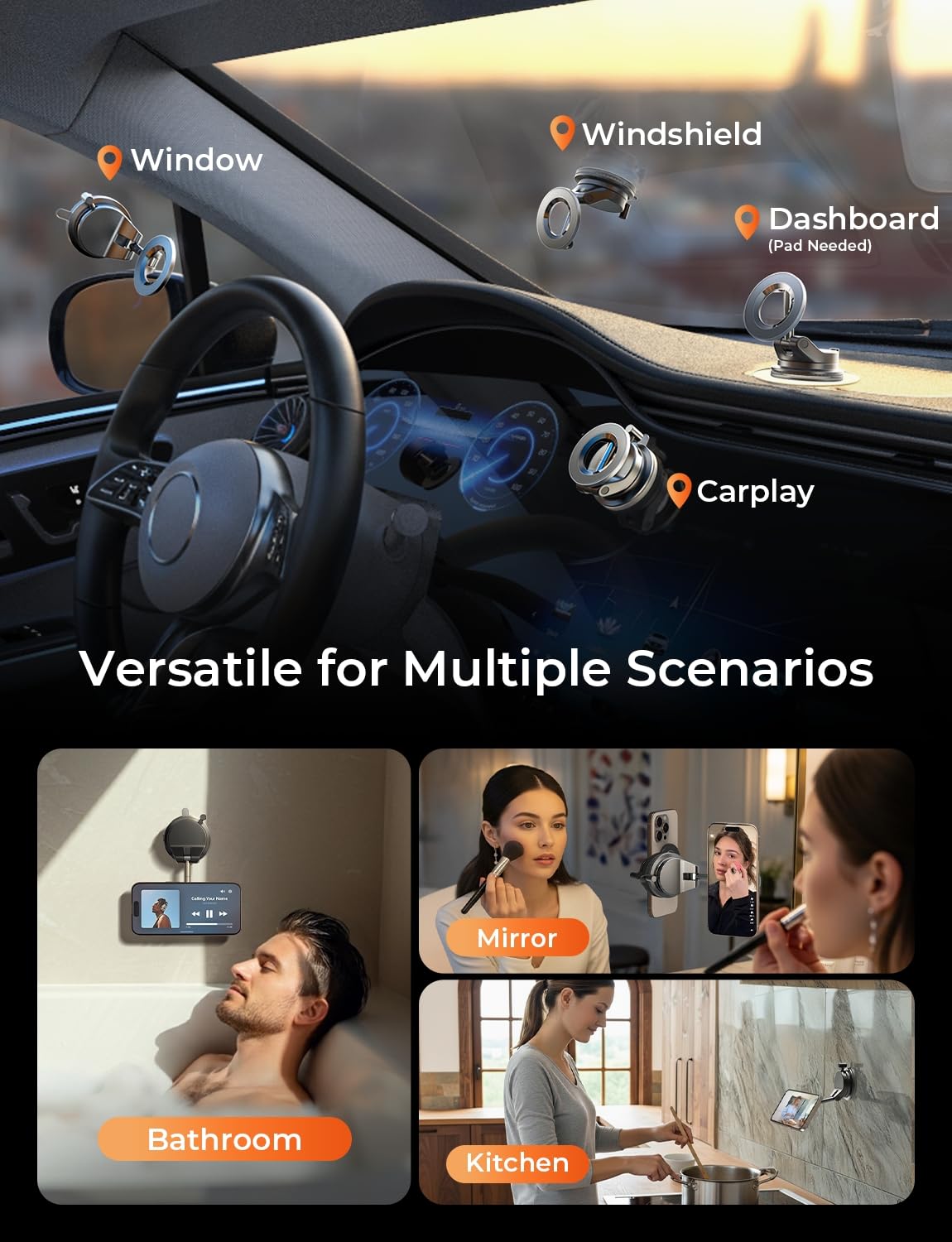 LISEN Vacuum Magnetic Phone Holder for Car, SuctionPro Magsafe Car Mount 360 Adjustable Phone Mount for Car Accessories/Truck/Jeep/Windshield/Mirror/Kitchen/Gym for iPhone 17 Pro Max 16 15 14 13