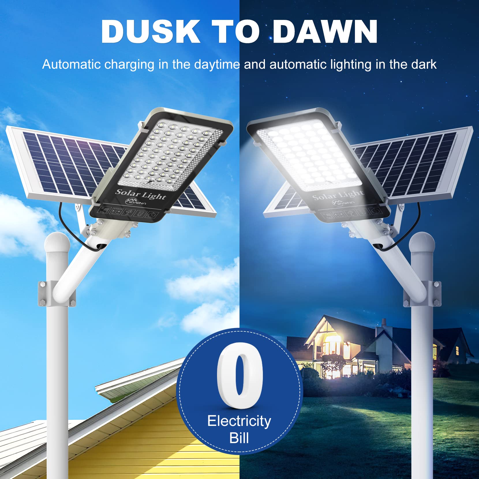 WYWNA 5000W Solar Street Lights Outdoor Waterproof, 6500K Led Solar Street Light, Commercial Solar Parking Lot Lights Dusk to Dawn, Solar Street Light for Path/Yard/Garden/Garage/Driveway(1Pack)