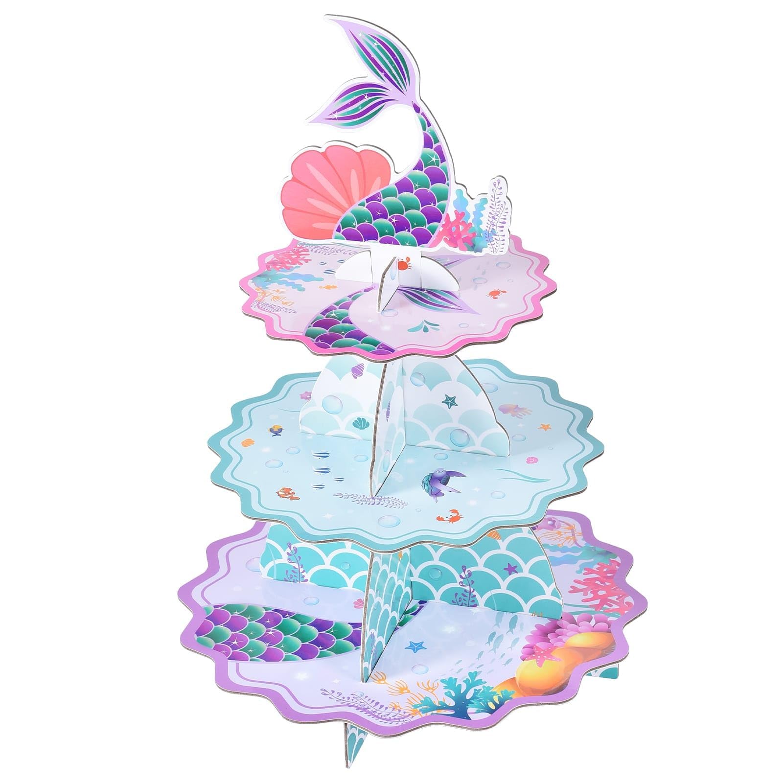 WERNNSAI Mermaid Cupcake Stand - Mermaid Birthday Party Decorations for Kids Girls 3-Tier Cardboard Cupcake Stand Dessert Tower Holder Round Serving Tray Stand Mermaid Theme Baby Shower Party Supplies