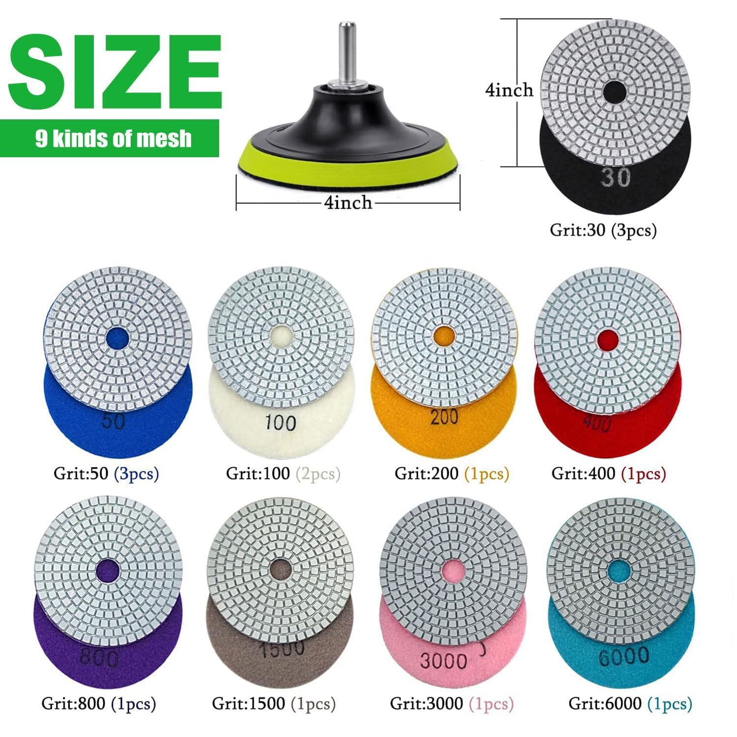 16PCS Wet Dry Diamond Sanding Pads Kit 4 Inch Diamond Polishing Pad 30-6000 Grit with 5/8''-11 Thread Backer Plate for Concrete Marble Quartz Granite Countertop Stone & Tile Polishing(3.9 Inch)
