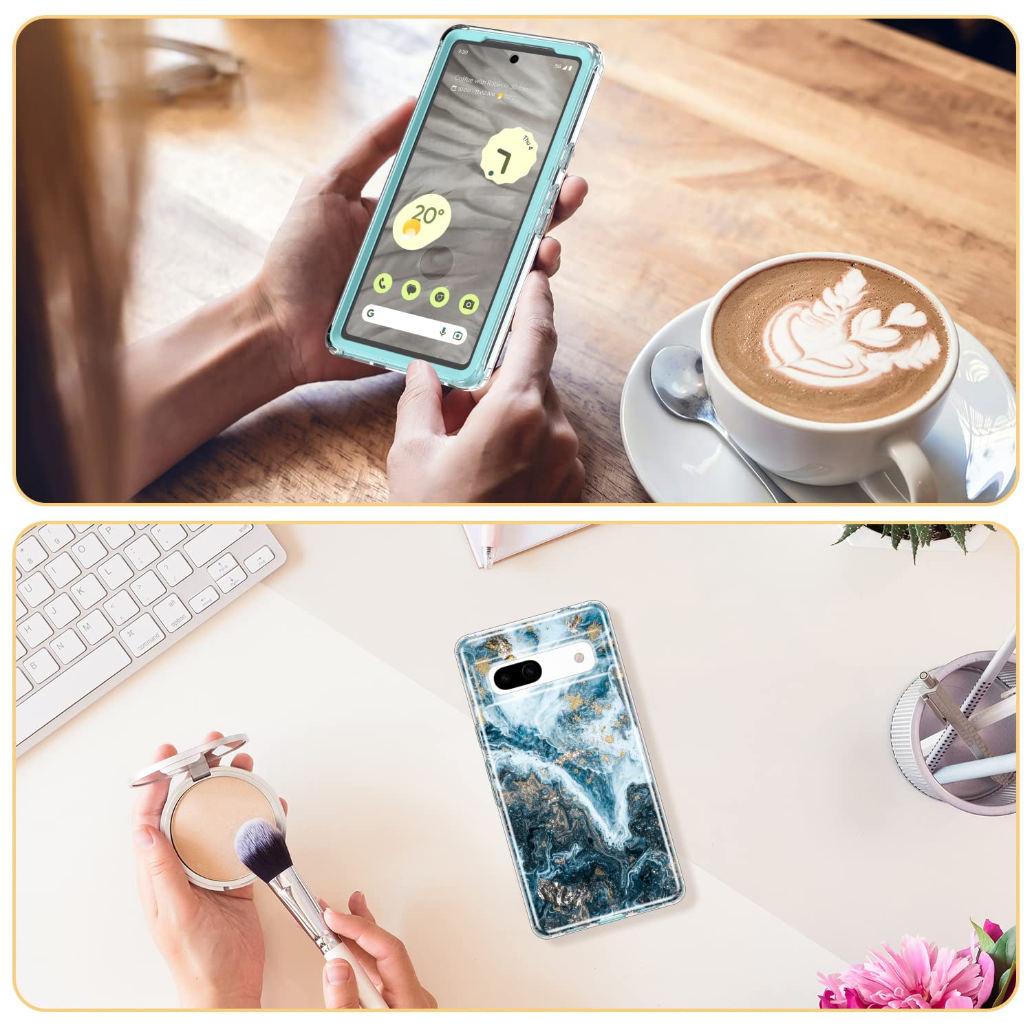 Esdot for Google Pixel 7A Case with Built-in Screen Protector,Military Grade Rugged Cover with Fashion Cute Designs for Women Girls,Protective Phone Case for New Pixel 7A Opal Marble Teal