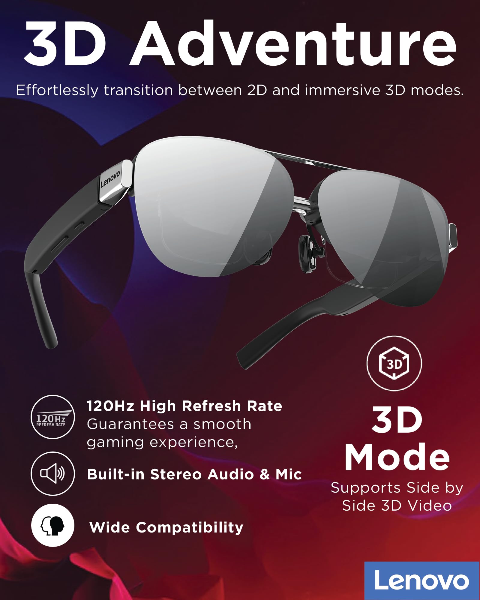 Lenovo Legion Glasses Gen 2 - Micro-OLED Personal Wearable Monitor for Gaming & Movies, FHD 120Hz Plug-and-Play Display Legion Go & USB-C Devices, High-Fidelity Audio & Privacy