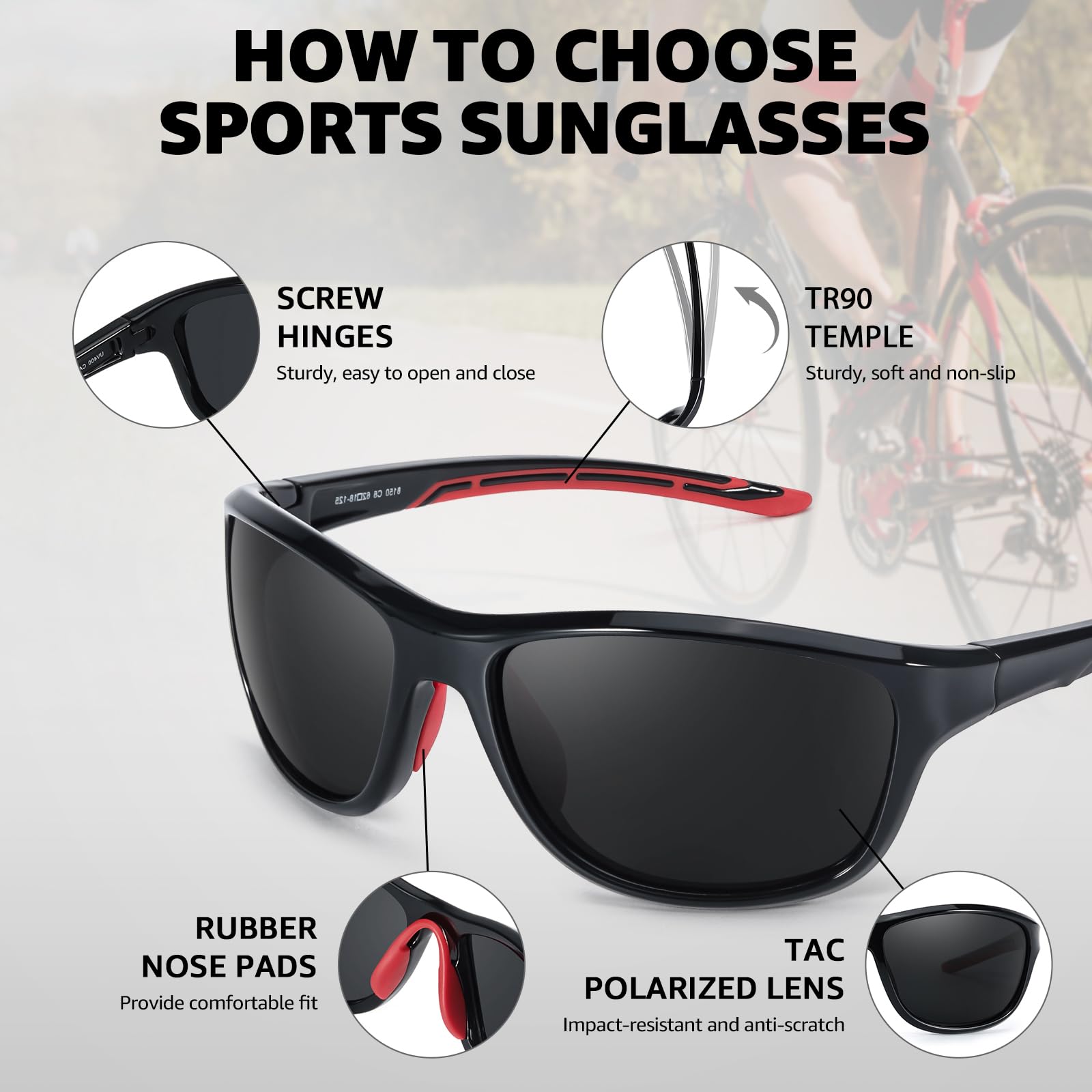 TJUTR Sports Sunglasses for Women Men, Polarized UV400 Protection Wrap Around Sun Glasses for Running Driving (A3 Black/Grey)