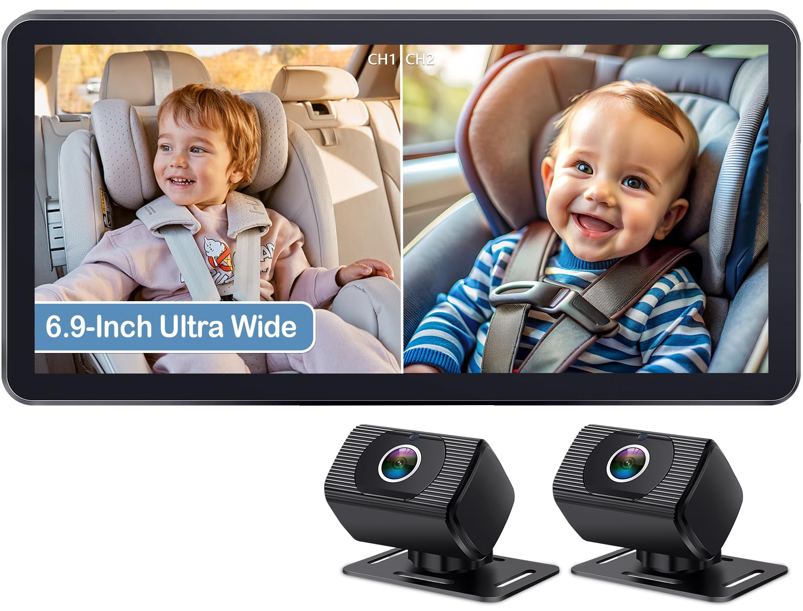 2-Kids Baby Car Camera for Seat: 6.9 Inch Ultrawide Display with Two Cameras Rear Facing - USB Powered Backseat Camera HD 1080P Easy to Install