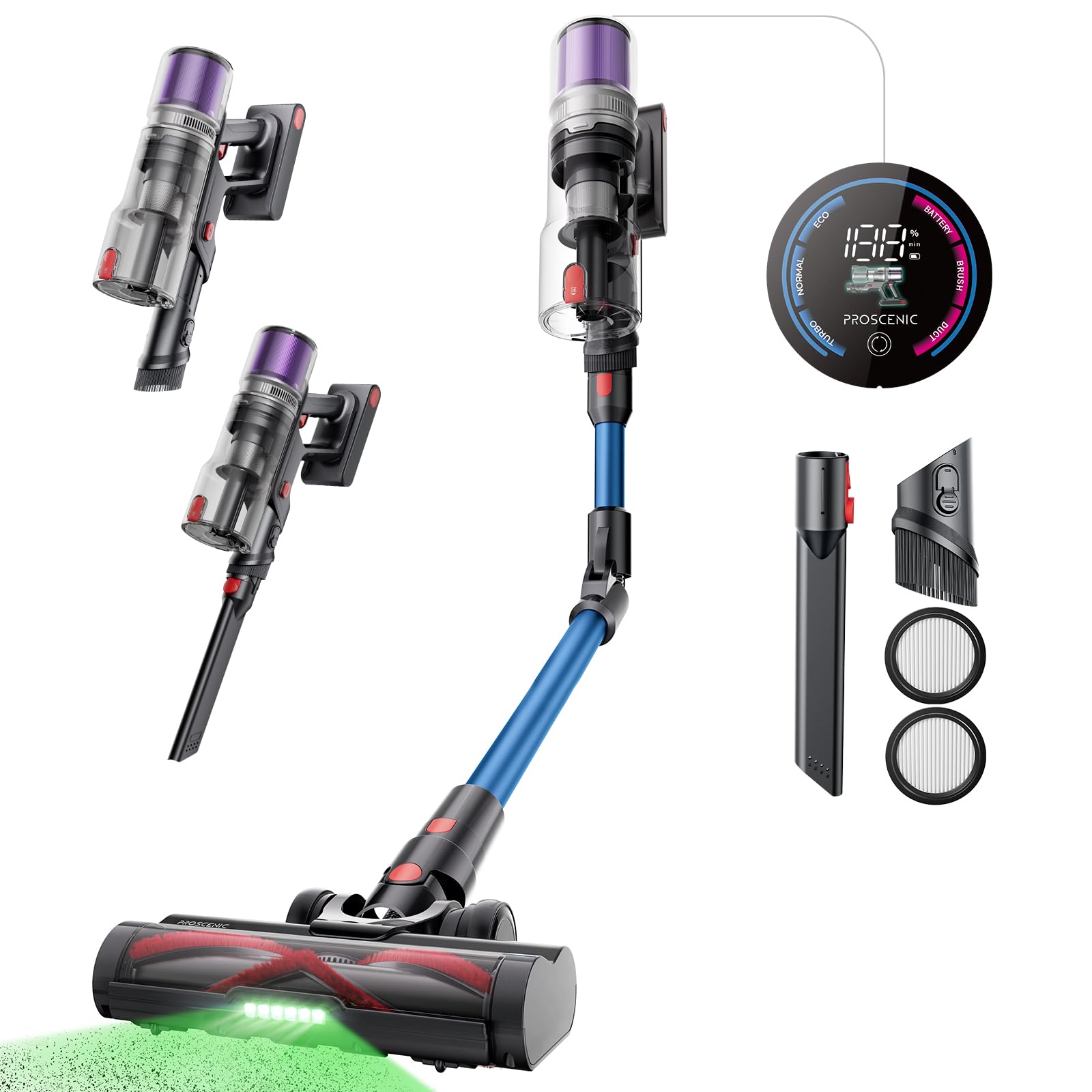 Proscenic Cordless Vacuum Cleaner, 45Kpa 55Mins Runtime, 180°Bendable Wand, Vacuum Cleaners for Home with Green Light, Anti-Tangle Brush, Rechargeable Lightweight Stick Vacuum for Pet Hair, P16(Blue)