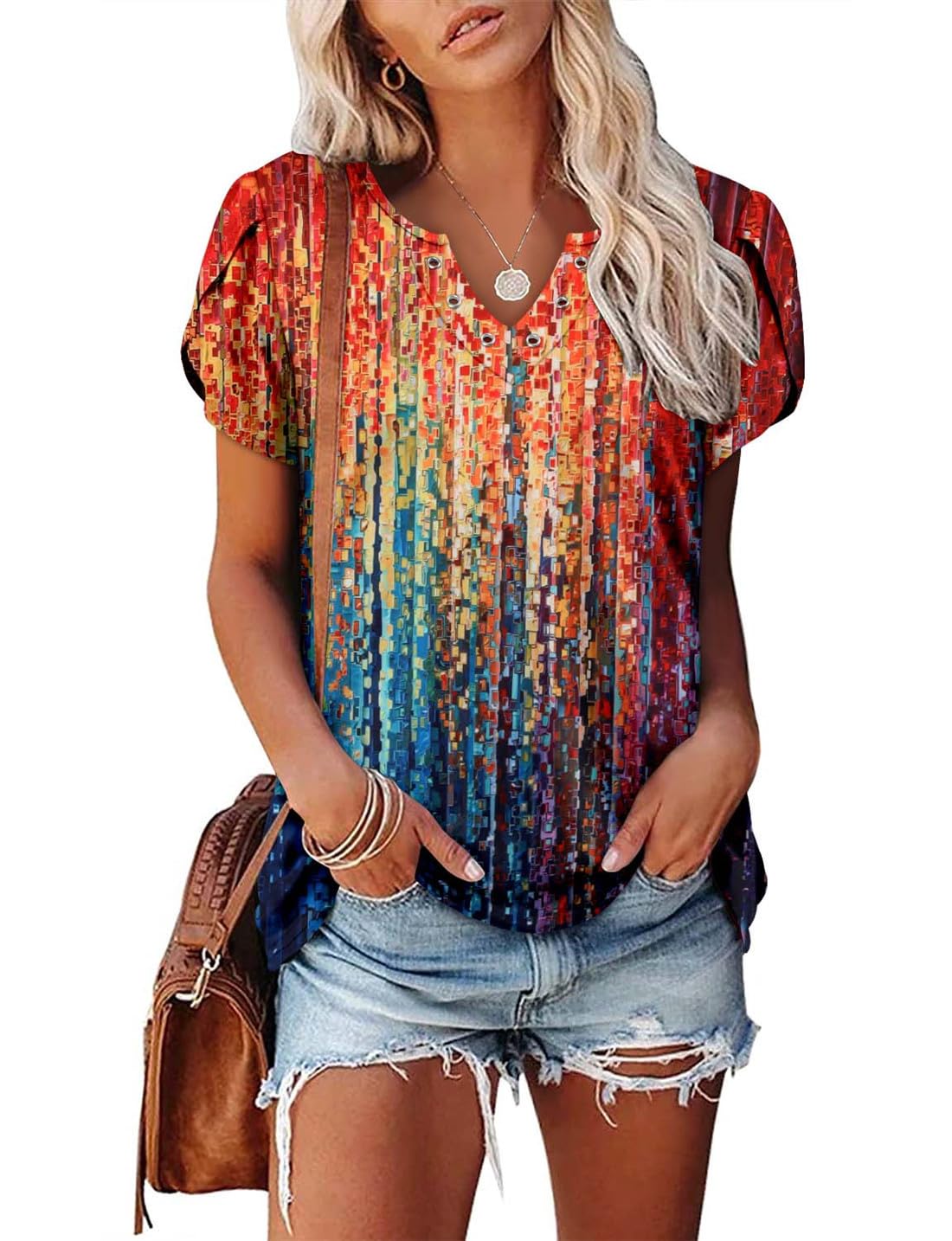 onlypuff Summer Tops for Women 2024 V Neck Short Sleeve Shirts Flattering Boho Tops Flowy Babydoll Tunic Top Blouse Rainbow XXL