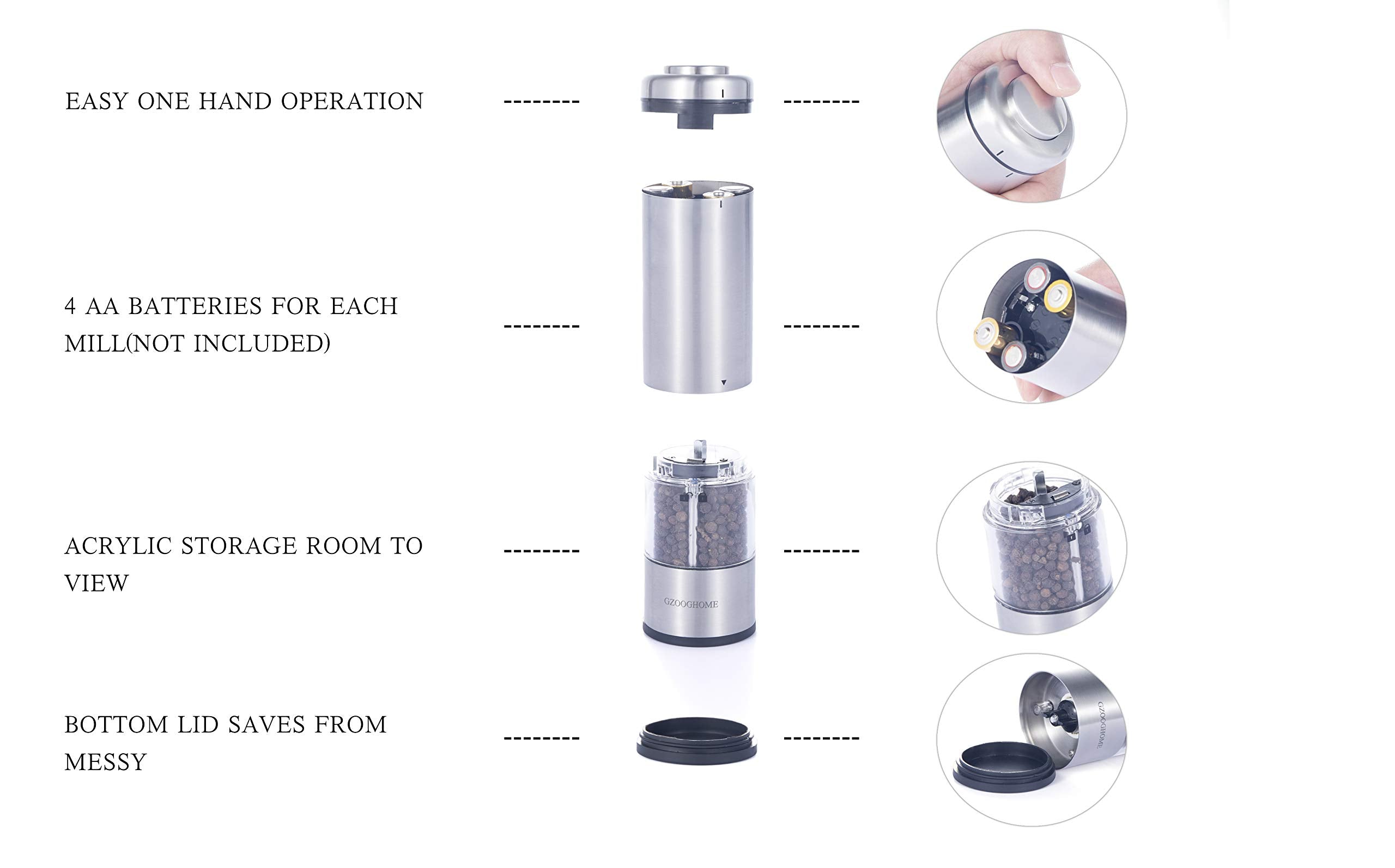 GZOOGHOME Electric Salt and Pepper Mill Grinder Set (Do Not Use Rechargeable Batteries), Battery Operated Automatic One Handed Pepper Salt Mill with Funnel and Adjustable Coarseness