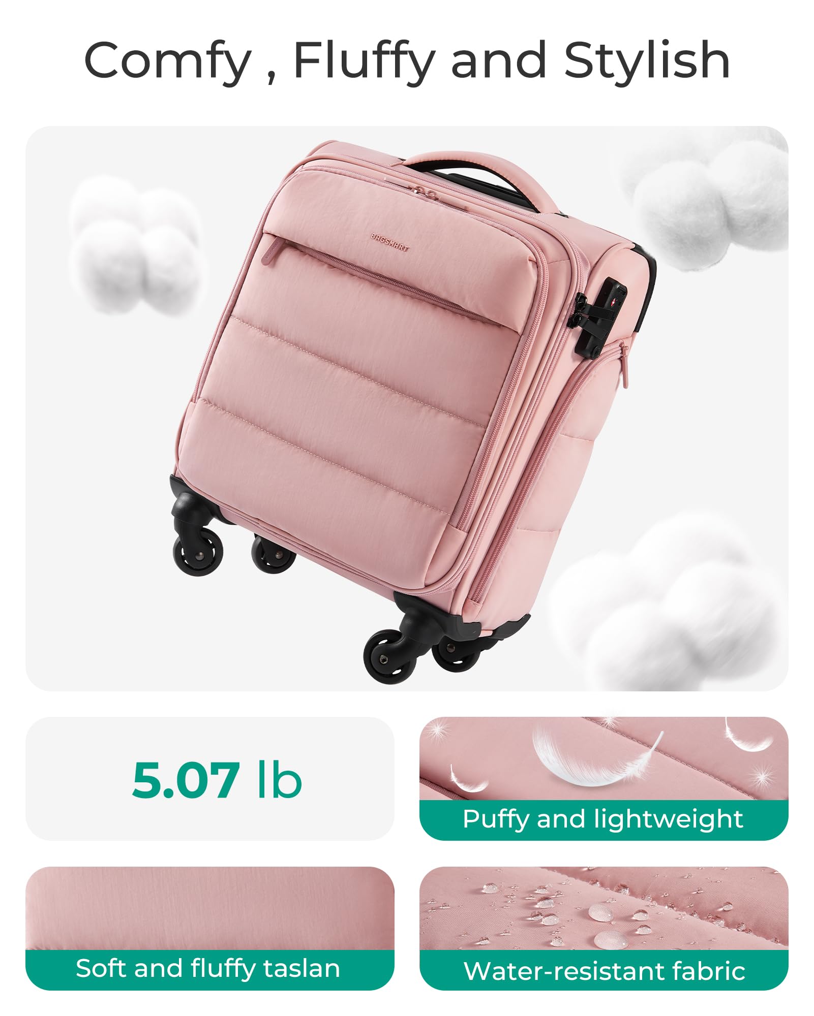 BAGSMART Underseat Carry on Luggage with Wheels, 16-inch Underseat Travel Luggage with PVC Wet/Dry Pockets, Lightweight Soft Personal Item Suitcase for Short Trip, Sakura Pink