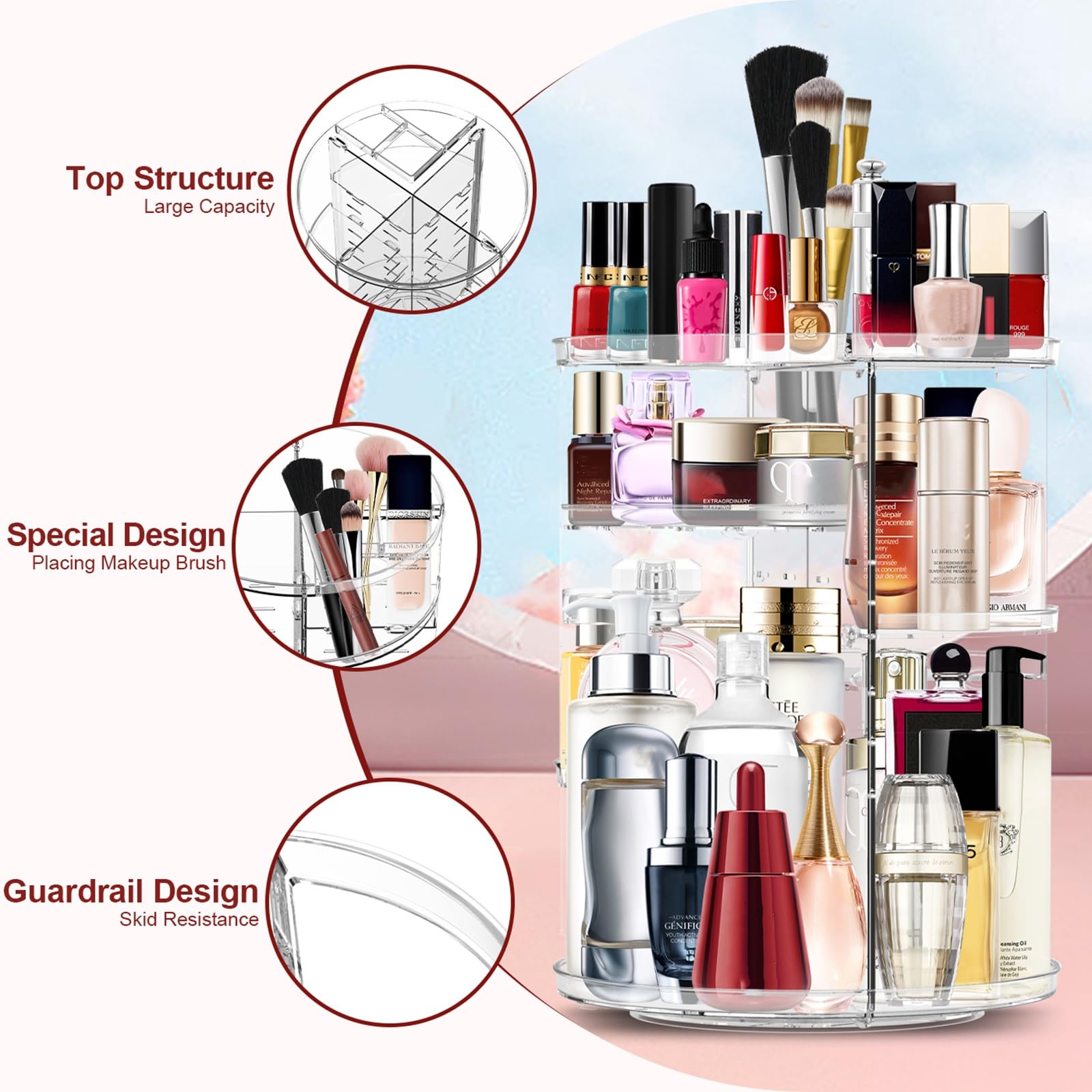 Makeup Organizer 360 Rotating Cosmetic Organizer DIY Adjustable Makeup Carousel Spinning Holder Rack, Large Capacity Cosmetic Storage Box Makeup Brushes Organizer for Vanity Countertop (Clear)