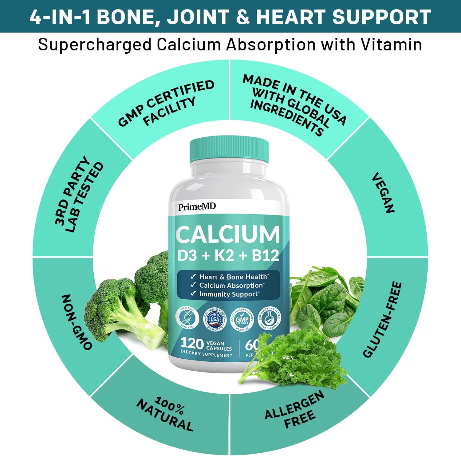 PrimeMD 4-in-1 Calcium Supplements for Women & Men or Heart, Bone & Body Defenses (120 ct) & 28-in-1 Quercetin with Bromelain Supplement - Quercetin 500mg Capsules for Immune Defense Support (120 ct)