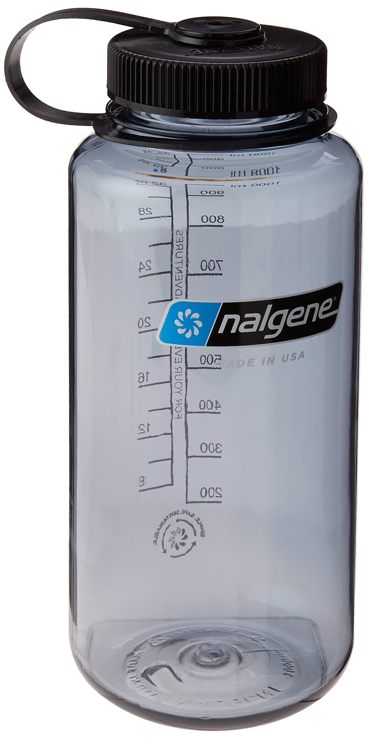 Nalgene Sustain Tritan BPA-Free Water Bottle Made with Material Derived From 50% Plastic Waste, 32 OZ, Wide Mouth, Gray w/ Black Lid