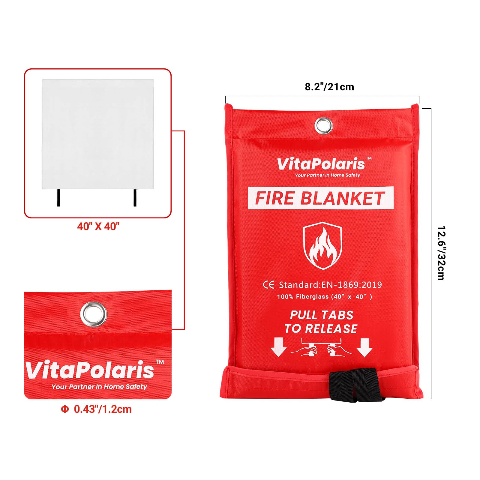 VitaPolaris Heavy-Duty Emergency Fire Blanket - 2 Pack - 40"x40" Fire Suppression Blanket, Flame Retardant Fiberglass for Home, Kitchen, Grill, Car, Camping, Survival, Fire Safety