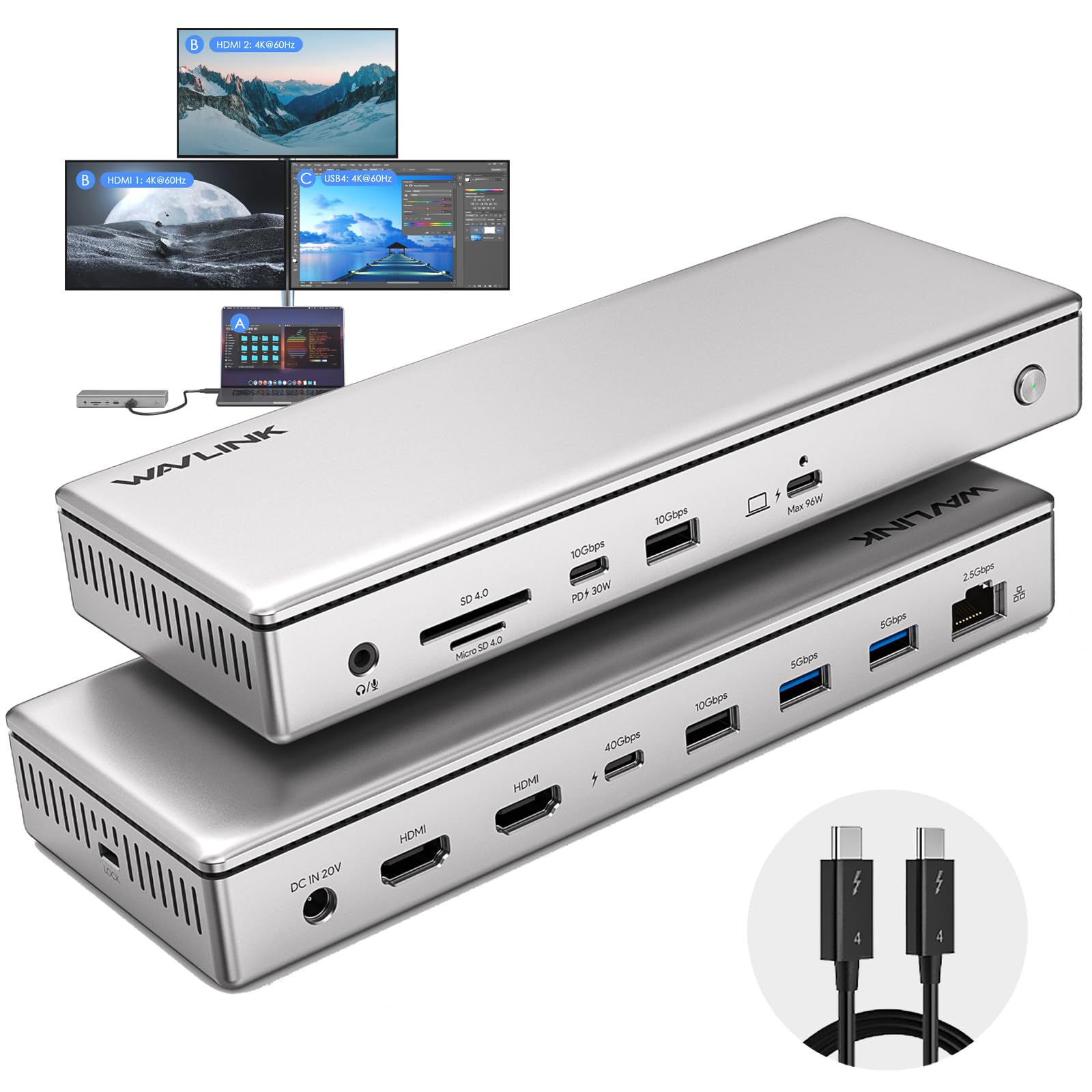 WAVLINK USB 4 Docking Station 40Gbps, Single 8K/Triple 4K Monitors for Windows, Dual 4K Displays for Mac with USB4, 96W PD, 2X HDMI 2.1, 2.5G Ethernet, 10Gbps USB, SD V4.0, USB 3.0, Audio, No Driver.