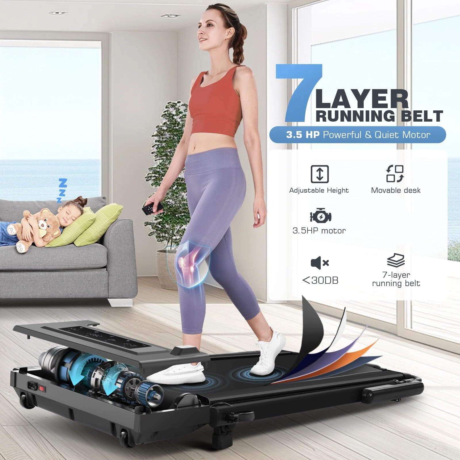 ANCHEER Treadmill with Desk Workstation& Adjustable Height, Folding Treadmill with 8% Incline,3.5HP Walking Pad for Home, 300lbs Weight Capacity/Ultra-Quiet/3 Type Control(Black Red)