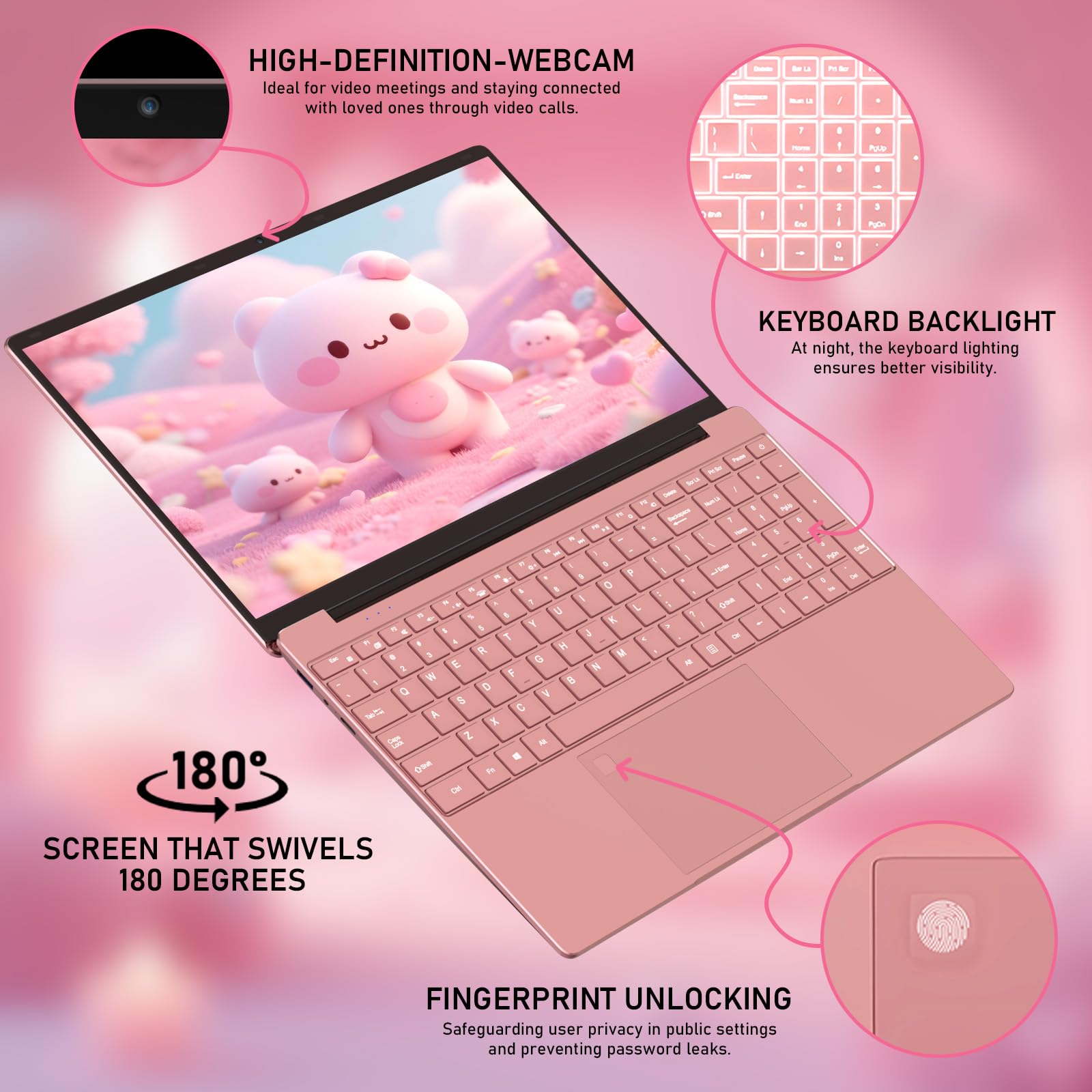 Trygood Student Laptop 15.6 Inch, Lightweight Notebook with 8GB RAM 256GB SSD, FHD IPS Display, Backlit Keyboard & Fingerprint Login, Rose Gold Portable Computer for School & Daily Use