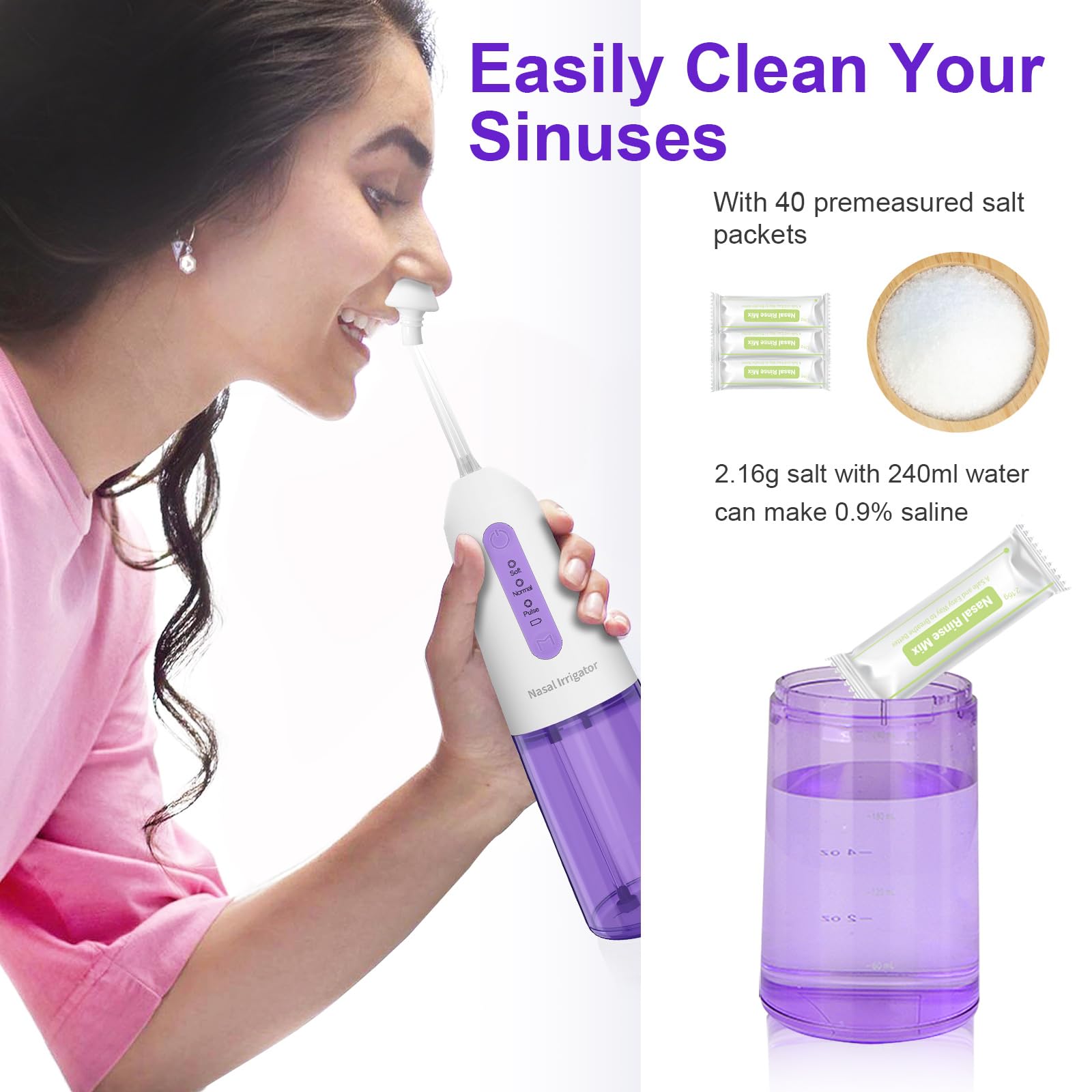 Outstart Nasal Irrigation System - Sinus Rinse Kit Cordless Sinus Cleaner Machine, Electric Neti Pot with 9 Tips and 40 Salt Packs Nasal Rinse Machine 3 Cleaning Mode for Home Travel