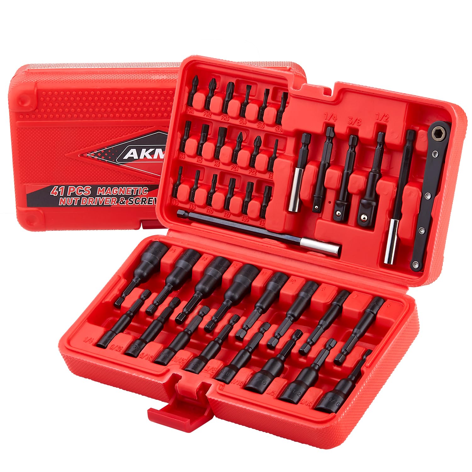 AKMTOOL 41Pcs Magnetic Nut Driver Set, 1/4" Quick-Change Hex Shank | SAE & Metric | Cr-V Steel, Magnetic Screwdriver Bit Set W/Drill Bit Extension & Drill Bit Adapter, Ratchet Wrench