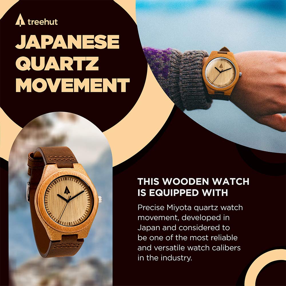 Treehut Wooden Watches for Men, Japanese Quartz Movement, Stylish Exotic Wrist Watch with Adjustable Stainless Steel Buckle, Leather Straps, Watch Made Real Wood, Relojes para Hombre