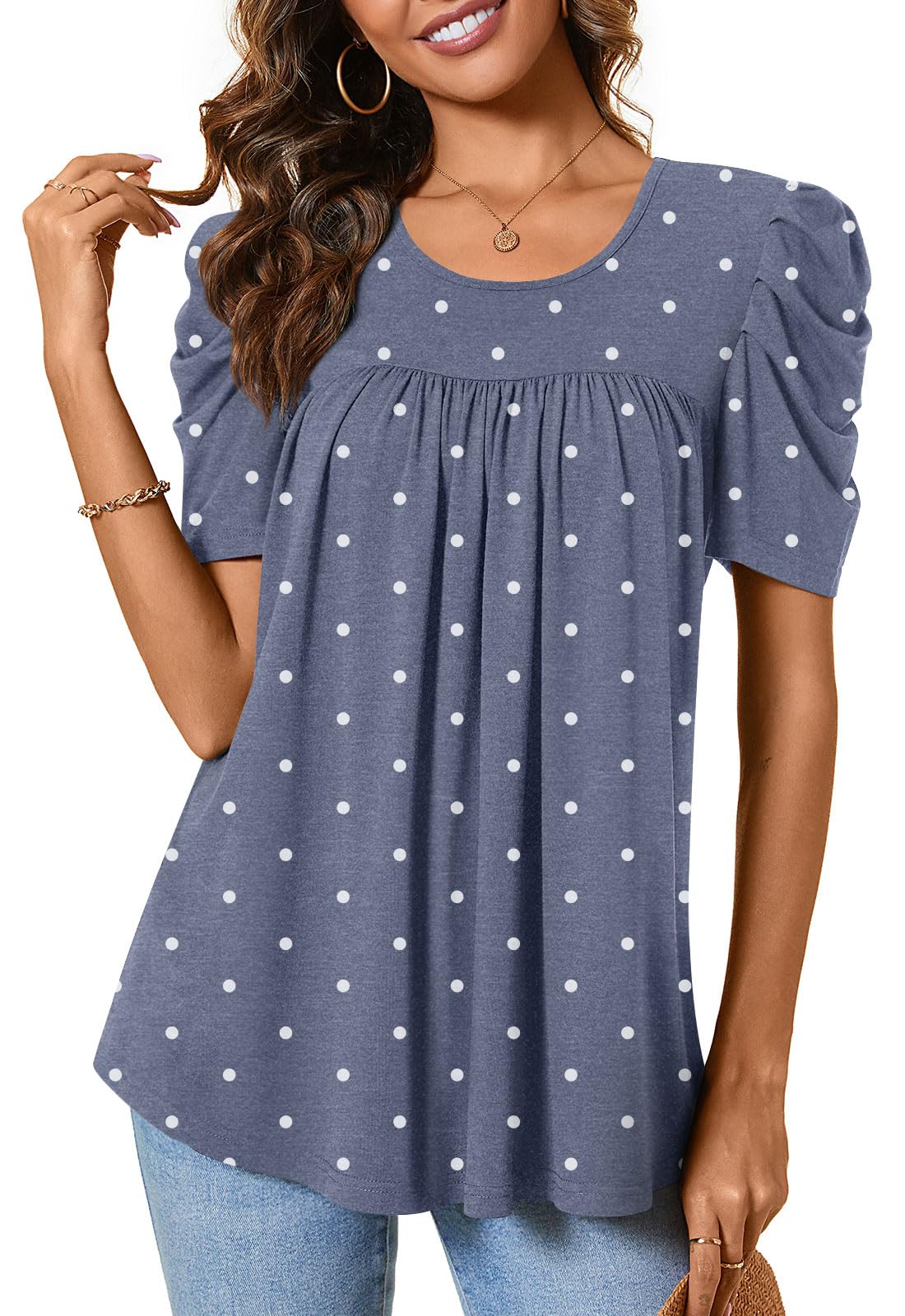 Anydeer Women Tunic Top Summer Short Puff Sleeve Chest Pleated Tshirts Casual Round Neck Blouse Loose Tee, M, Crew Short Dotted Navy Blue