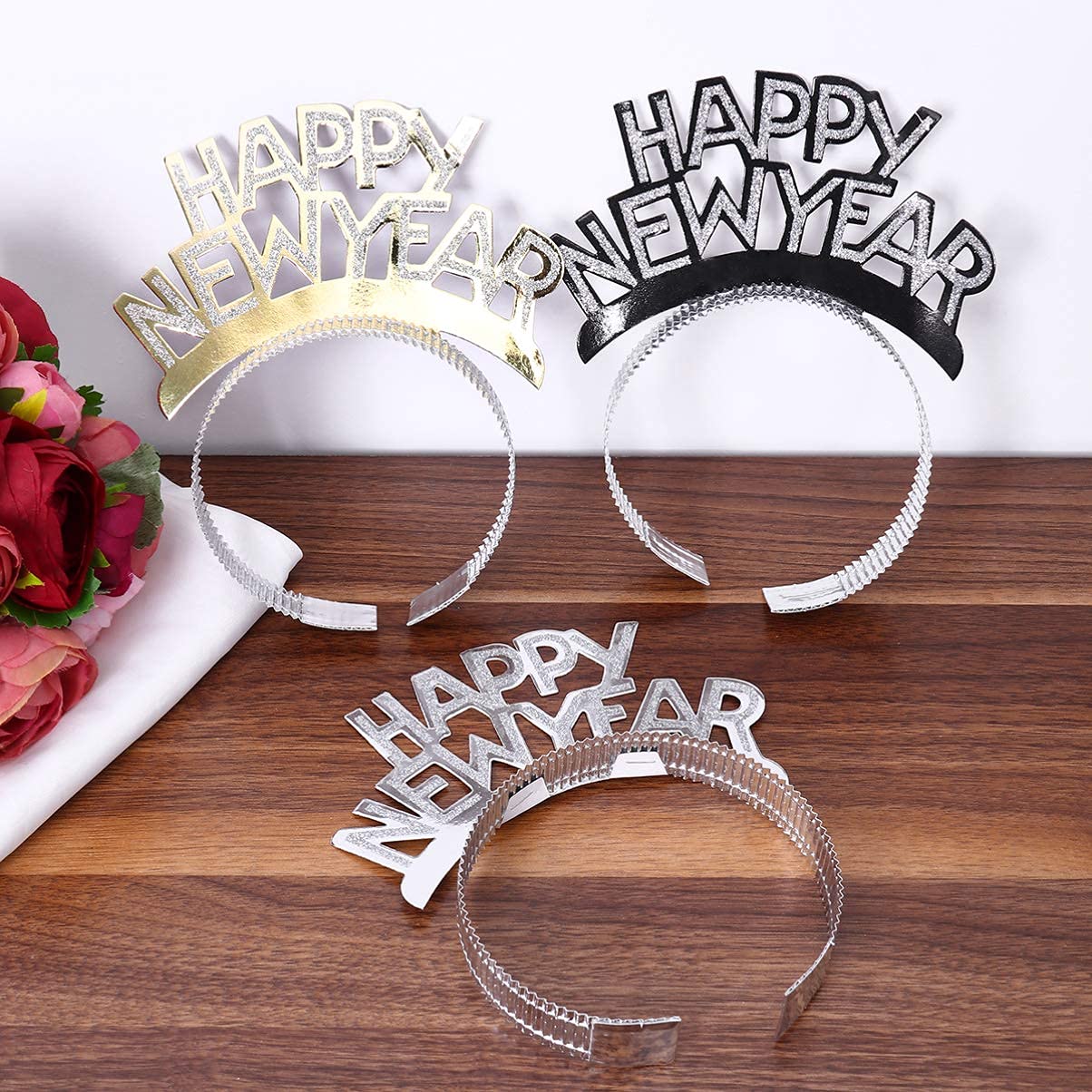 Amosfun HAPPY NEW YEAR Headband Tiara New Years Party Favors Gold Silver Black 12 Pieces