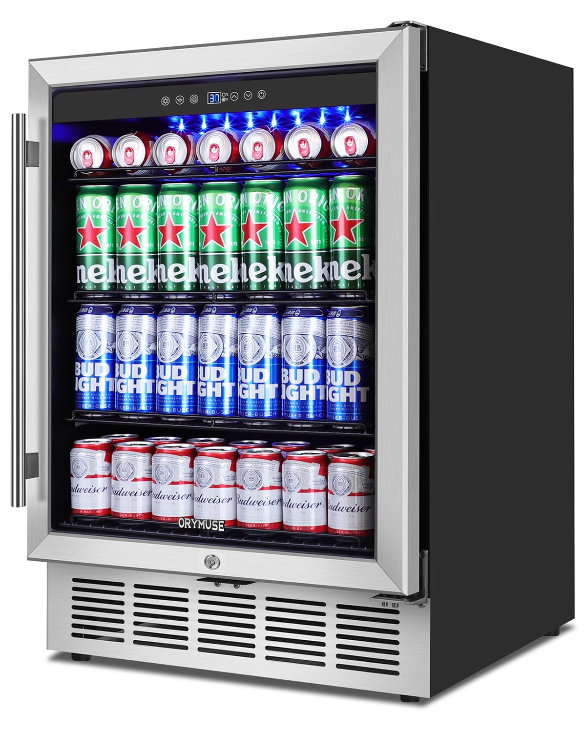 ORYMUSE 24" Beverage Refrigerator & Cooler, 180 Cans Under Counter Fridge with Lock, Glass Door & Powerful Cooling Compressor - Quiet, Built-in/Freestanding Drink Fridge