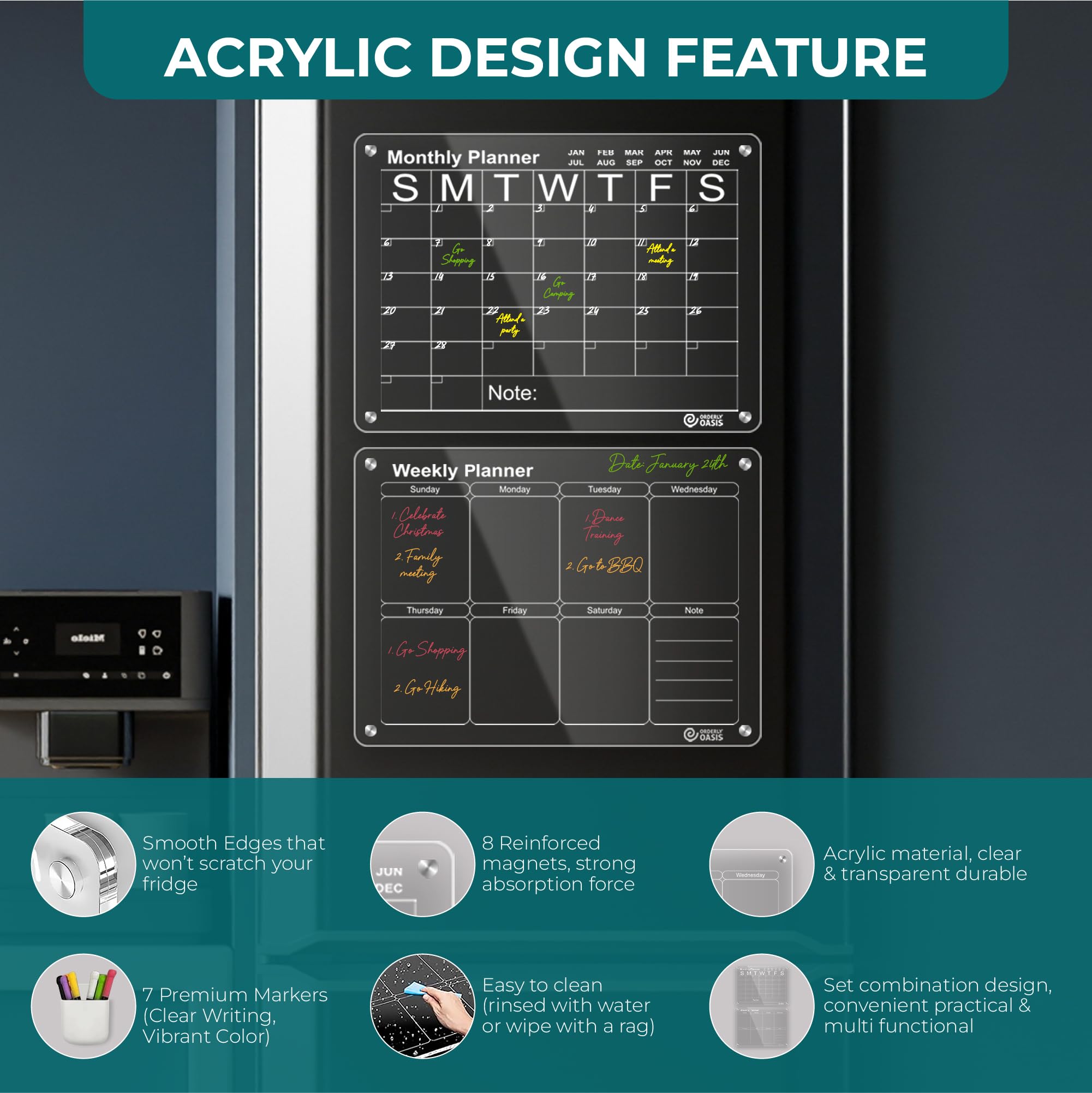 Orderly Oasis 16"x12" Acrylic Magnetic Monthly and Weekly Calendar Set for Refrigerator. Includes 7 Premium Dry Erase Markers with 7 Colors, Magnetic Marker Holder, Magnetic Eraser, Wiping Cloth with Magnetic Hook