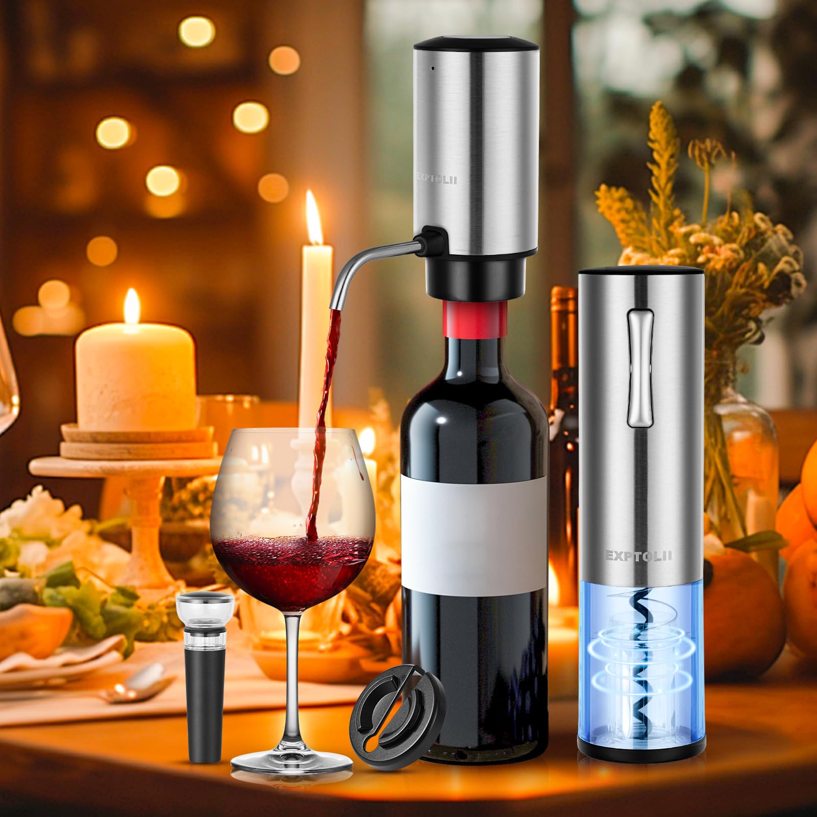 Electric Wine Opener Gift Set - Rechargeable Wine Bottle Opener, Wine Aerator, Vacuum Stoppers, Foil Cutter for Home Bar and Outdoor Parties