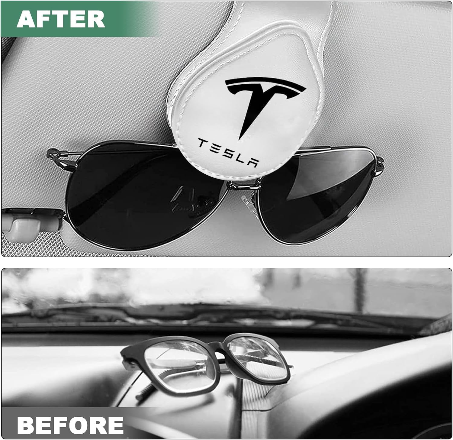 ONKENTET 2 Pack Sunglasses Holder Compatible with Tesla Model 3 Y X S Semi Cybertruck Leather Magnetic Glasses Mount Holder Eyeglasses Sunglasses Clip Visor Sunglass Holder Accessories (White)