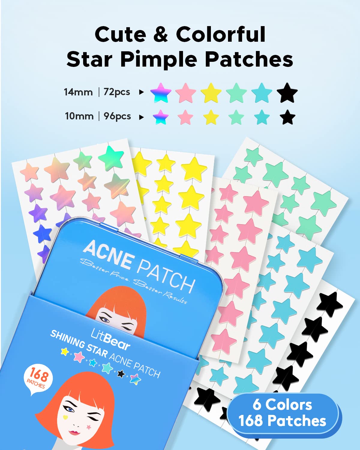 LitBear Acne Patch with Tea Tree & Centella Oil, 168 Hydrocolloid Dots in 6 Colors for Face - Cute Star Pimple Stickers