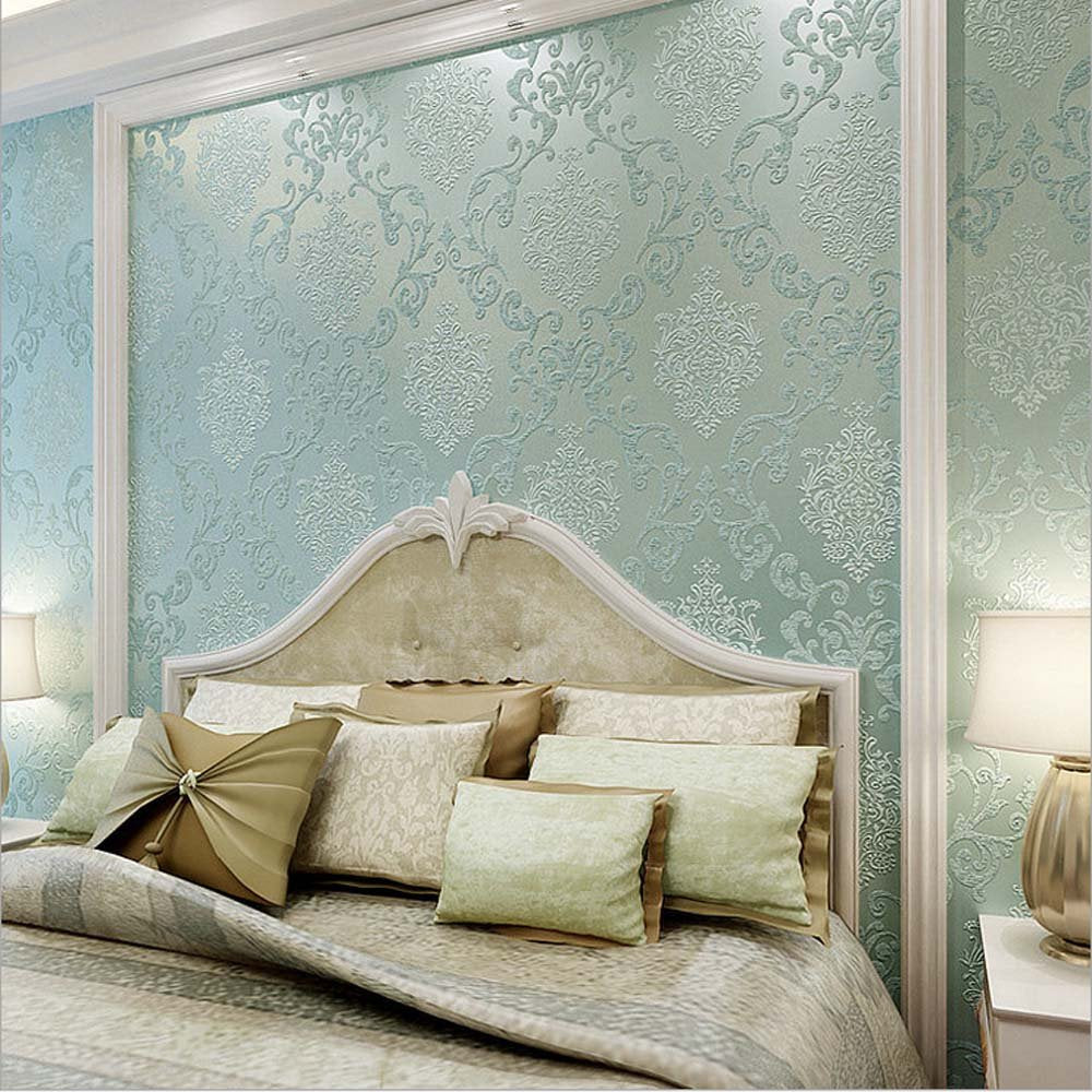 Q QIHANG DAWEI 3D Luxury Damask Pearl Powder Non-Woven Wallpaper Roll for Living Room Light Blue Color 1.73'W x 35.8'L