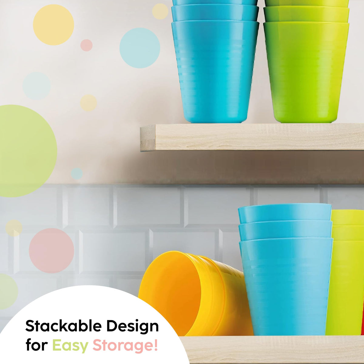 PLASKIDY Kids Plastic Cups, Set of 12, 8 oz, Unbreakable, Reusable, Dishwasher Safe, BPA-Free, Bright Colored Kids Tumblers
