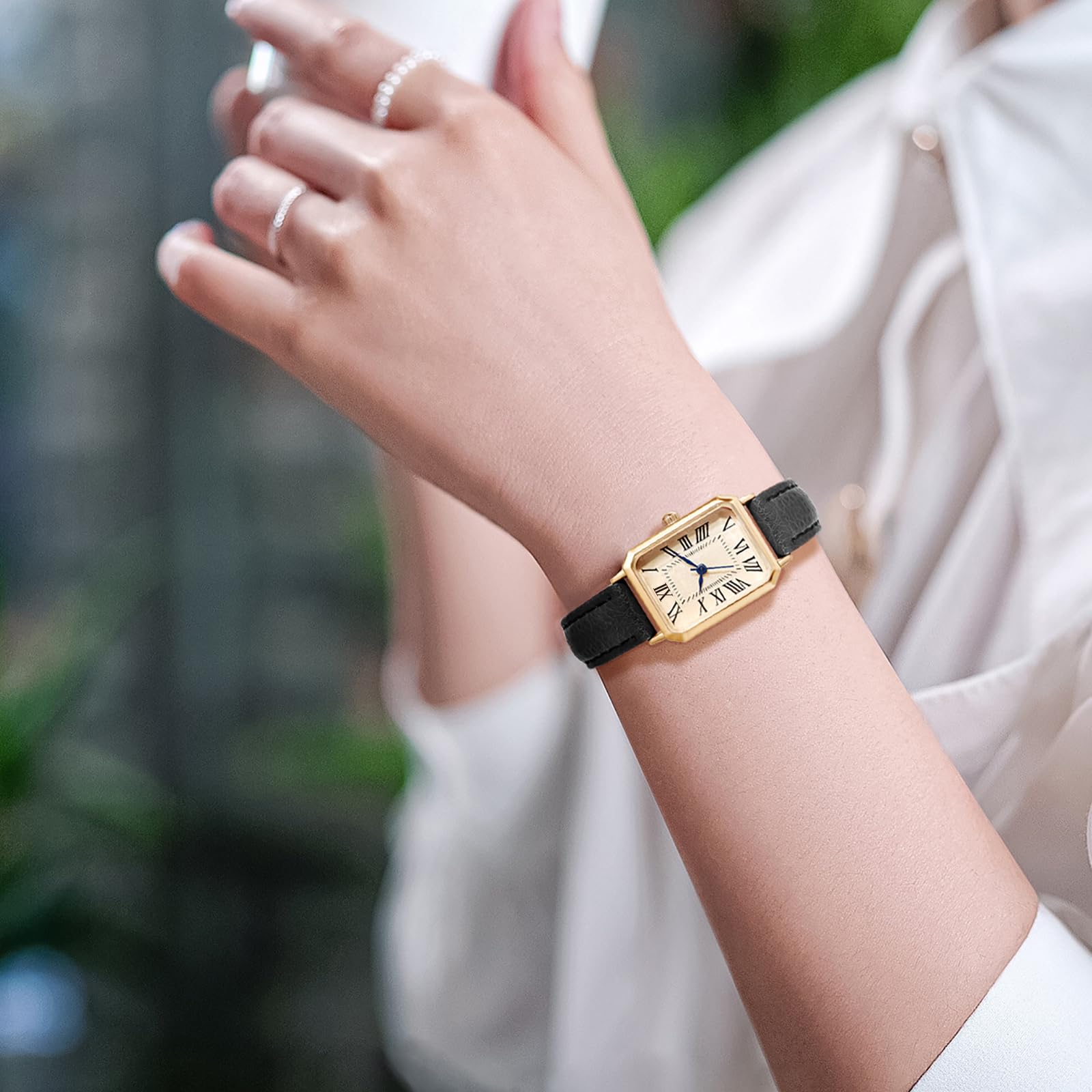 BESTKANG Leather Strap Watches for Women Elegant Dainty Ladies Watch Vintage Rectangle Women Quartz Wrist Watch (Black Gold)
