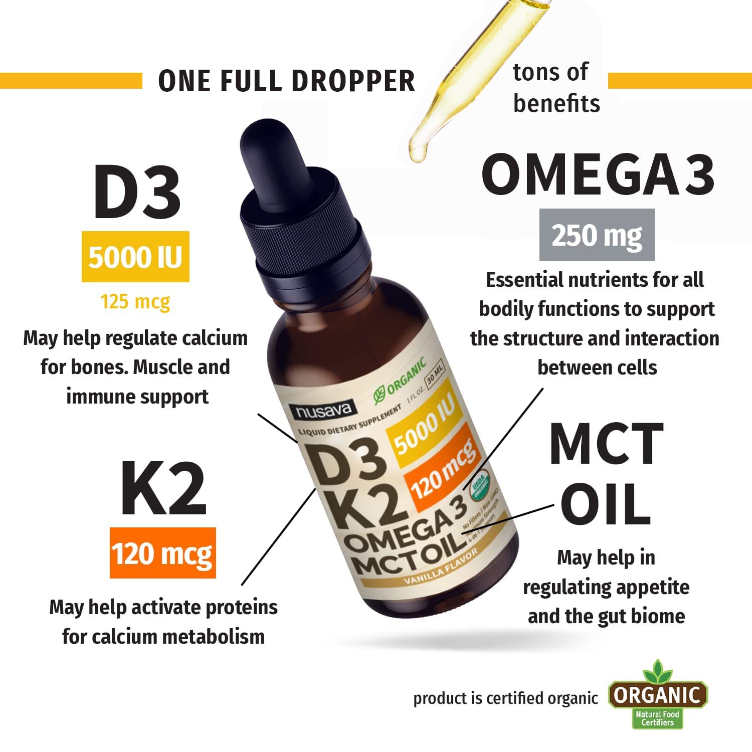 NUSAVA Strawberry Flavored D3 K2 Liquid Drops and Vanilla Flavored D3 K2 Liquid Drops Bundle - Potent Liquid Vitamins for Heart, Joint, Bone, Muscle, & Immune Support - Non-GMO, Gluten-Free, 2pk Each