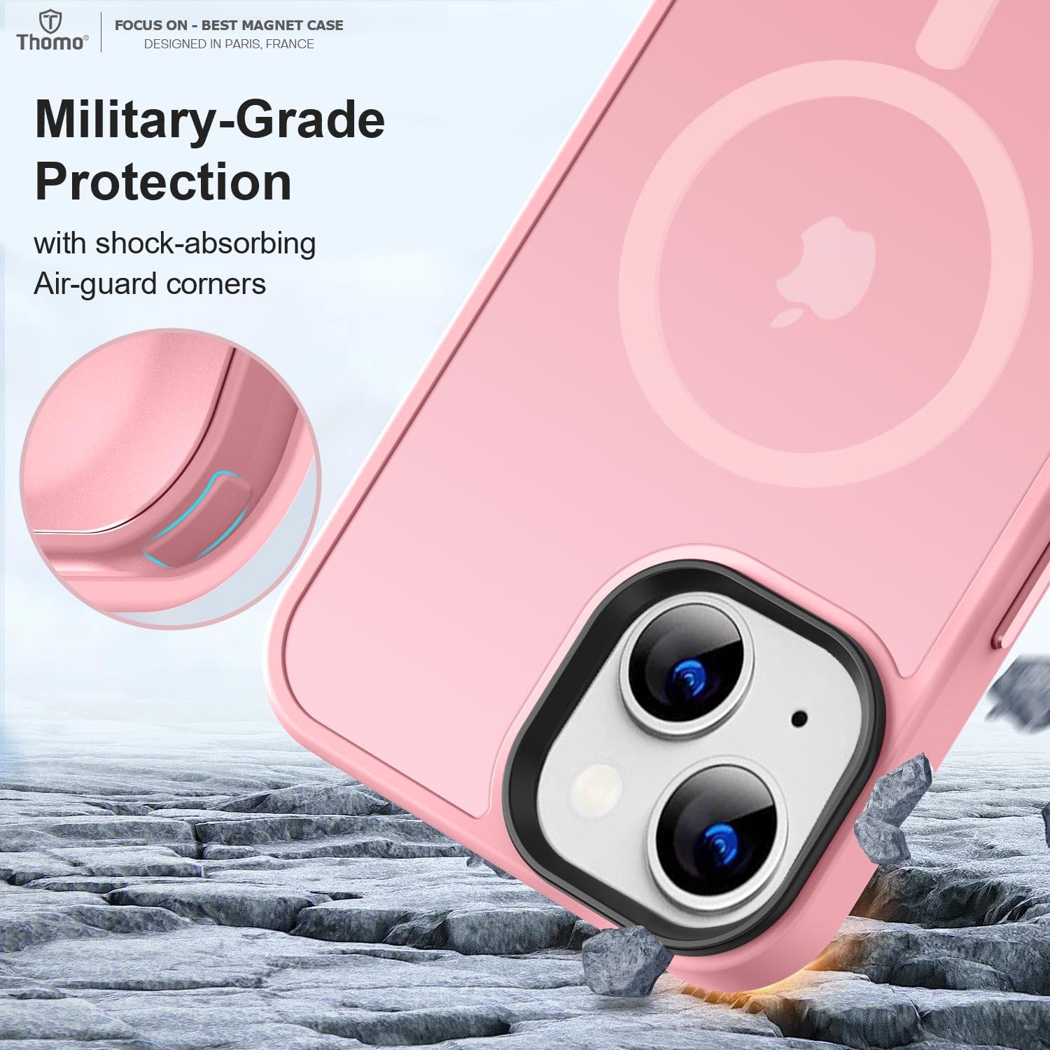 Thomo Strong Magnetic for iPhone 13 Case & iPhone 14 Case [Compatible with Magsafe] [10FT Drop Resistant] Matte Skin Feeling Back, Aluminum Alloy Keys Phone Case iPhone 13/14, Pink