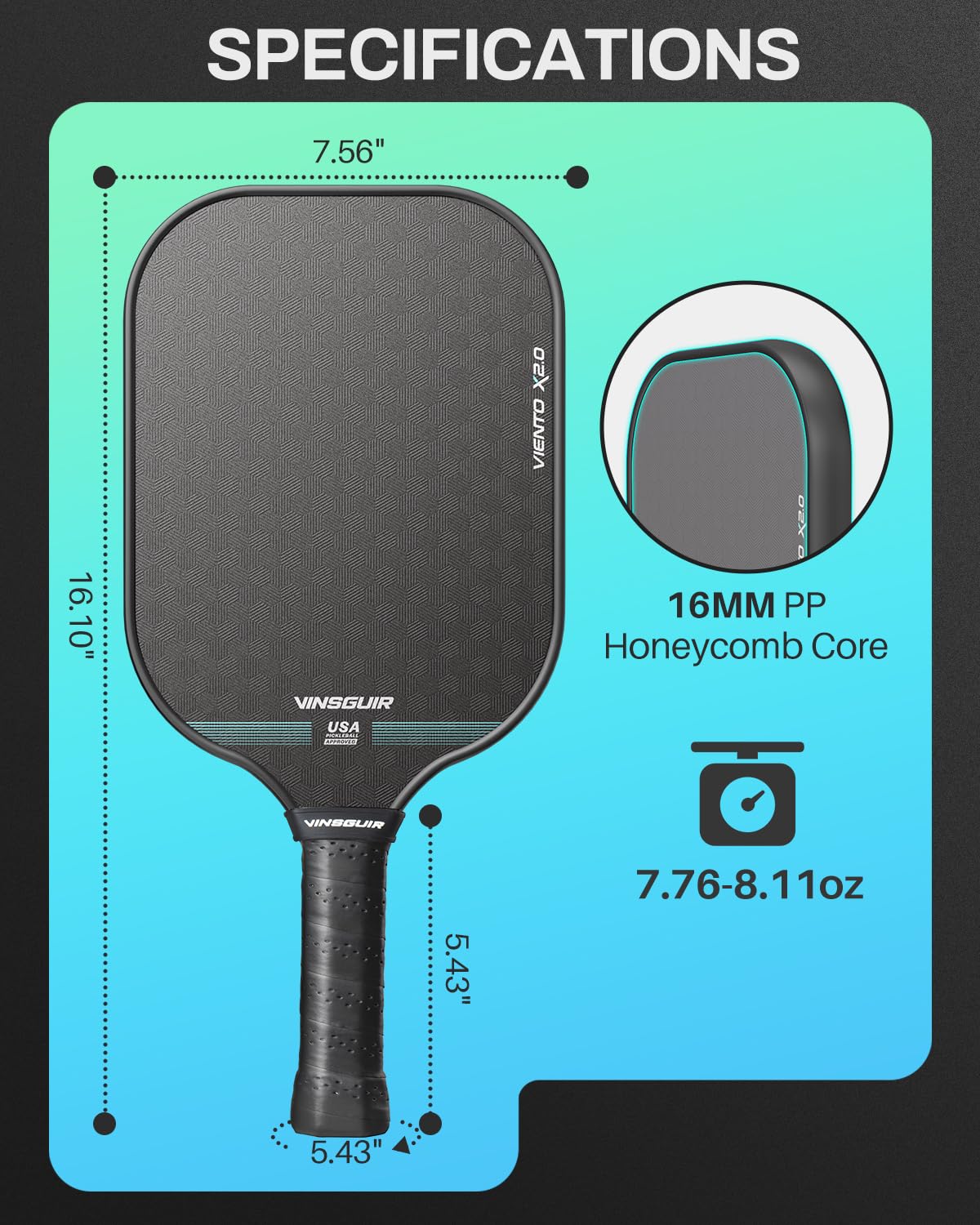 VINSGUIR Pickleball Paddle, 16MM Carbon Fiber Pickleball Paddle with Longer Handle, Elongated Paddle with Grit Face/Raw Carbon Fiber Surface/Thermoformed, Spin & Control Paddles for Advancer