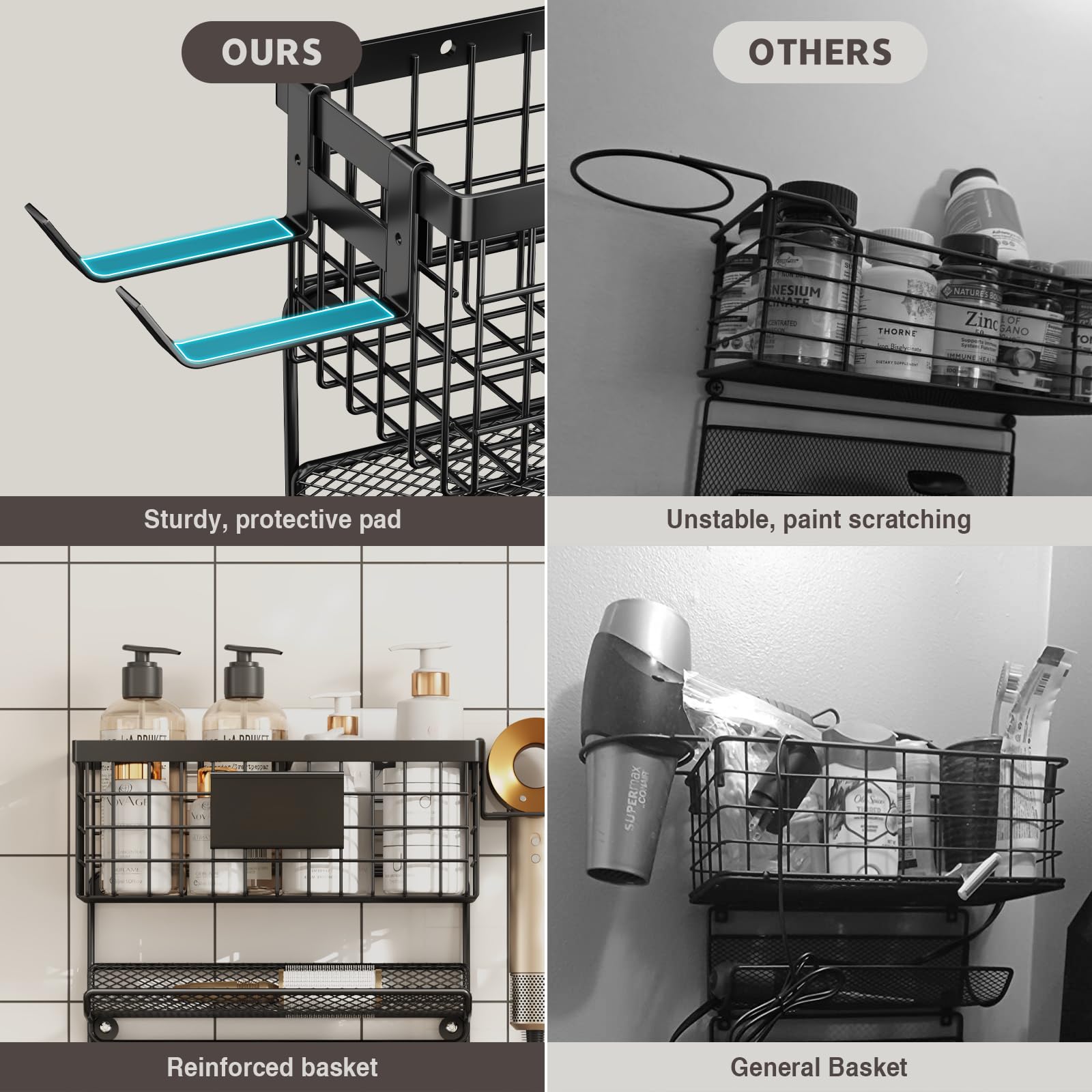 Magheo Hair Dryer Holder Wall Mounted, Adheisve Hair Styling Tool Organizer for hair Brush/Appliance Wall Mount with 5 Tier Shelf Basket Hooks Blow Dryer and Straightener Holder for Bathroom(Black)