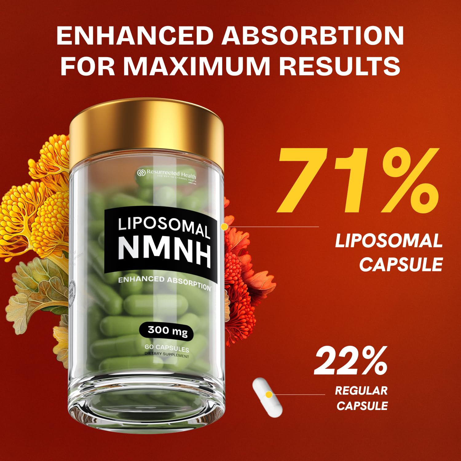 Resurrected Health NMN Supplement Alternative - Liposomal NMNH (Dihydronicotinamide Mononucleotide) - High Purity NAD Supplement for Anti Aging, Energy, Focus - 60 Capsules - 300mg