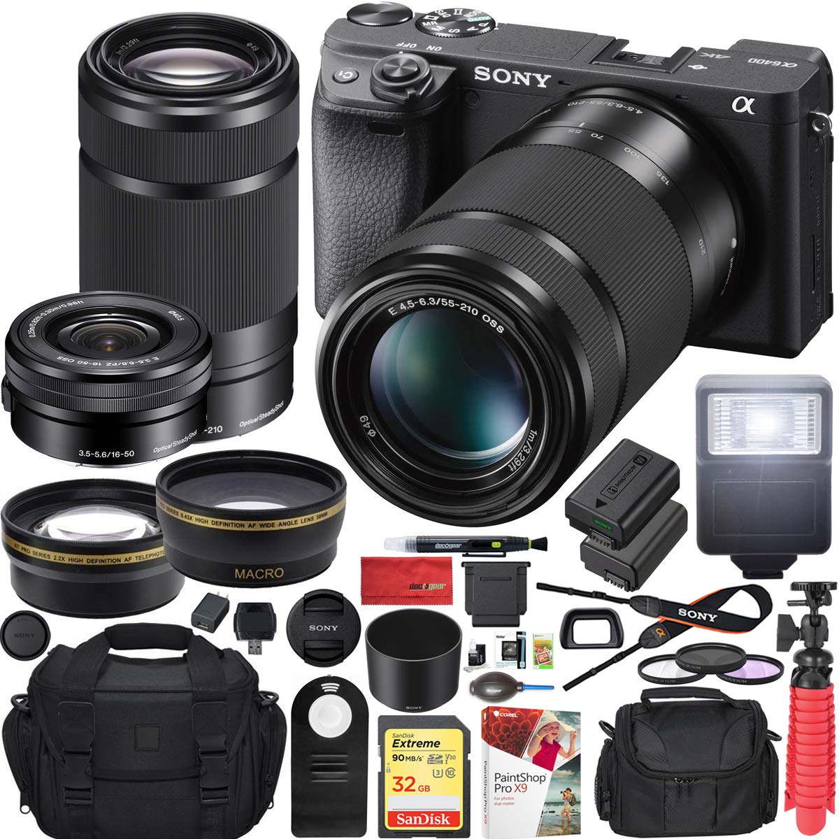 Sony a6400 4K Mirrorless Camera + 16-50mm & 55-210mm 2 Lens Kit ILCE-6400L/B Black | Official Sony USA Partner Model | Bundle with 0.43x Wide Angle + 2.2X Telephoto + Deco Gear Accessories & Battery