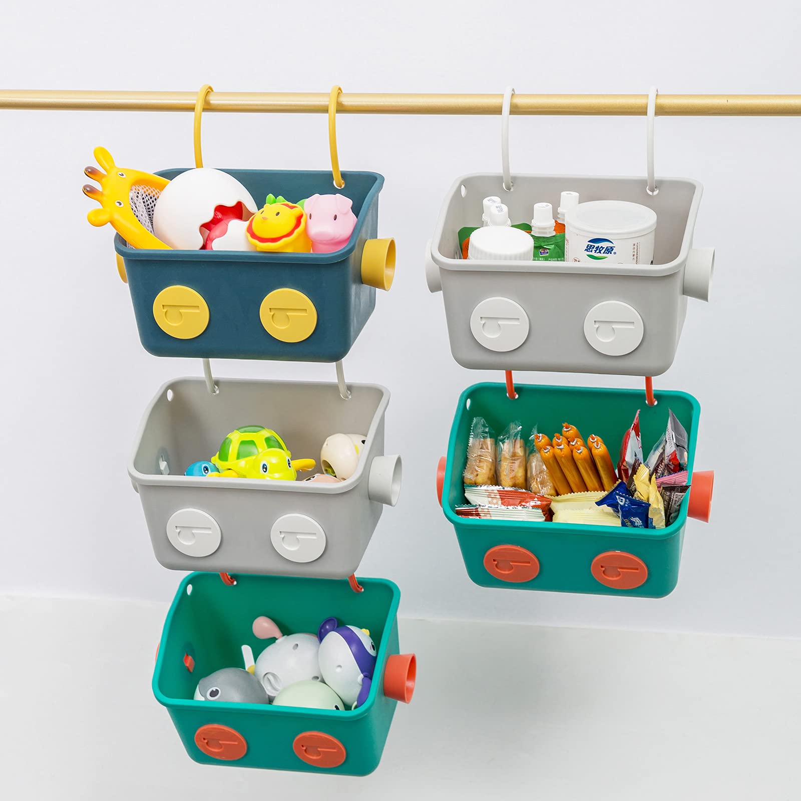 LUFOFOX Bath Toy Storage Organizer Basket, 3 Layers Colorful Robot Modeling Wall Mounted Kids Hanging Shower Caddy with Hooks for Shampoo