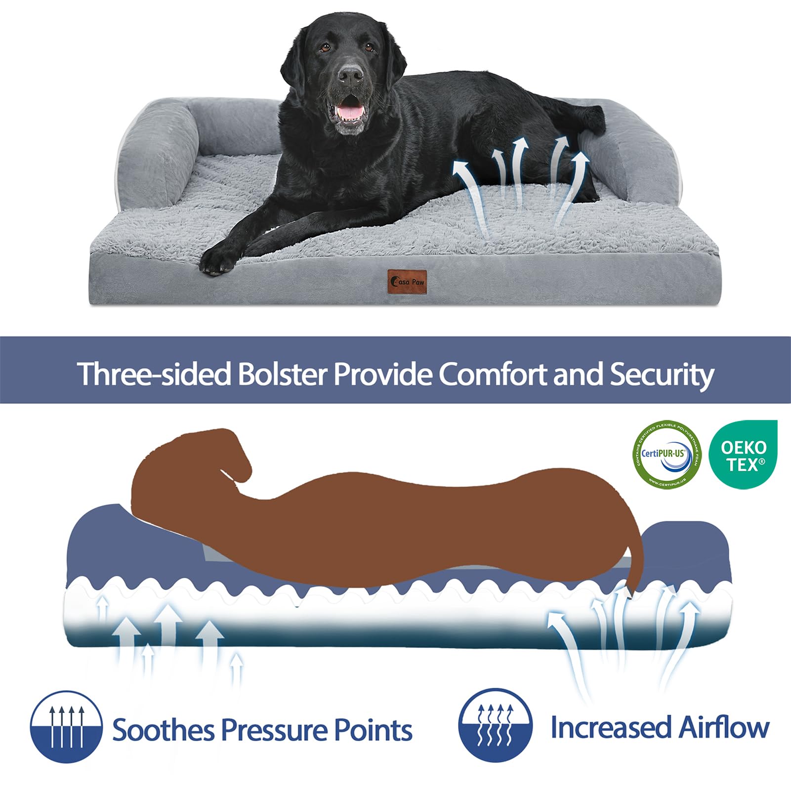 Casa Paw Orthopedic Dog Beds for Extra Large Dogs, Waterproof XLarge, Memory Foam Couch , Comfy Bolster Pet Bed with Removable Washable Cover, Nonskid Bottom (X-Large, Grey)