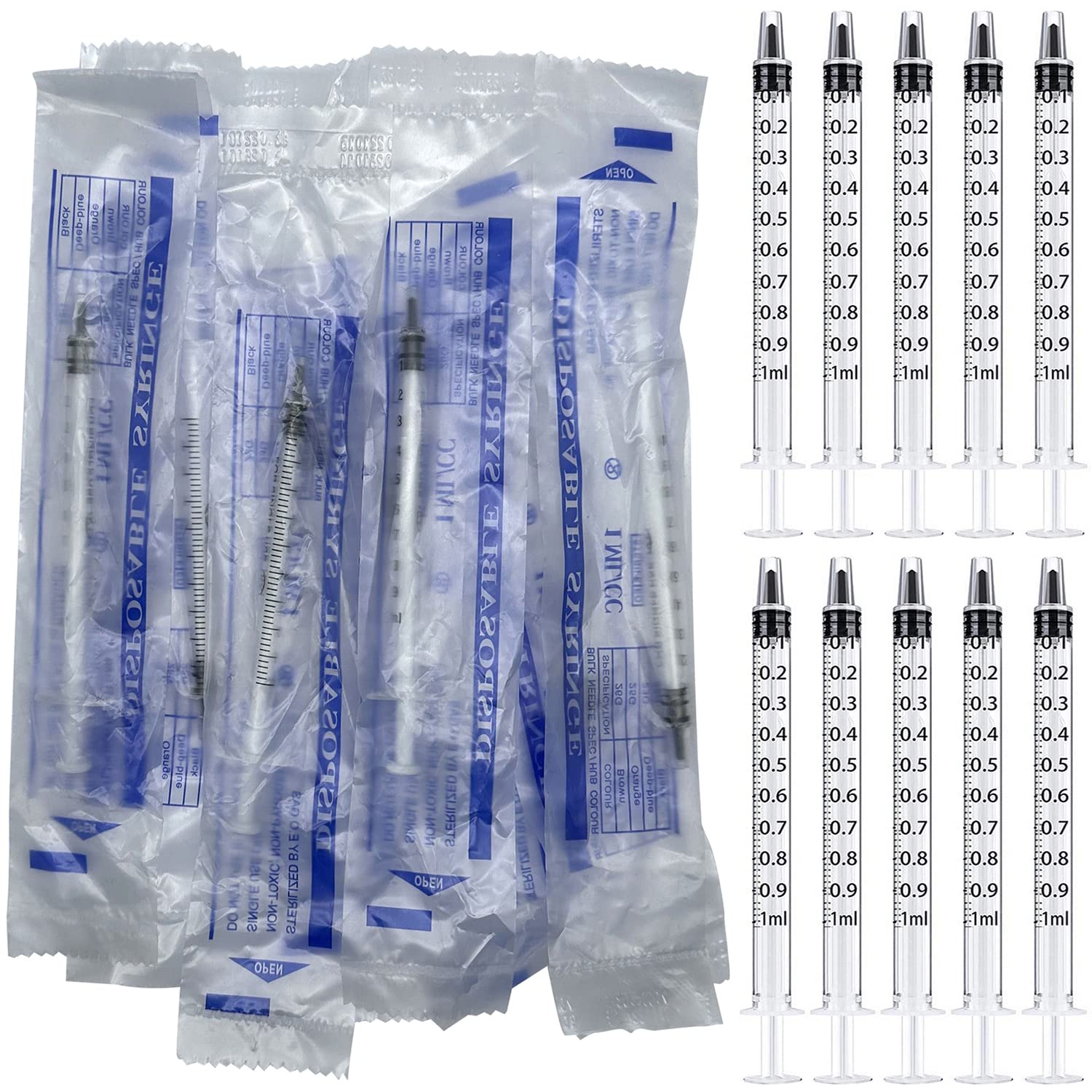 50 Pcs 1ml 1cc Syringe No Needle Plastic Syringe Individually Sealed for Pets Oral, Refilling, Oil or Glue Applicator, Measuring or Transfering Tiny Amount of Liquids, Without Cap