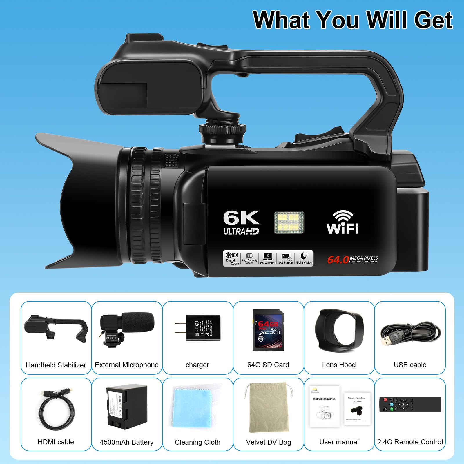 DSIPSN 6K Video Camera Camcorder, 64MP 18X Digital Zoom IR Night Vision Vlogging Camera for YouTube, 4.0" Touch Screen Digital Camera with WiFi, Microphone, Remote Controller, Charger, 64G SD Card